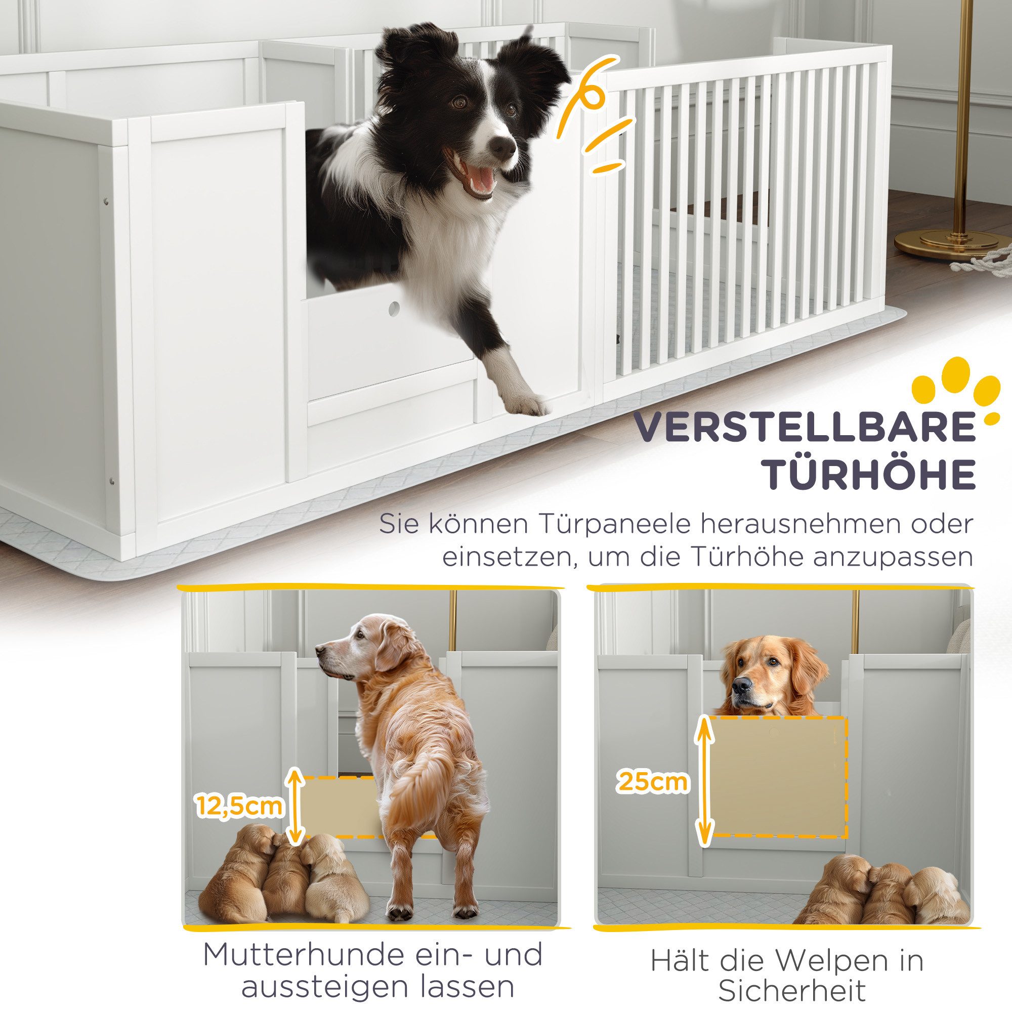 PawHut Laufgitter Wurfbox Welpenlaufstall mit wasserdichte Bodenmatte, 166x80x50 cm (Wurfkiste, 1-tlg), für Welpen, Weiß – Bild 5 von 5