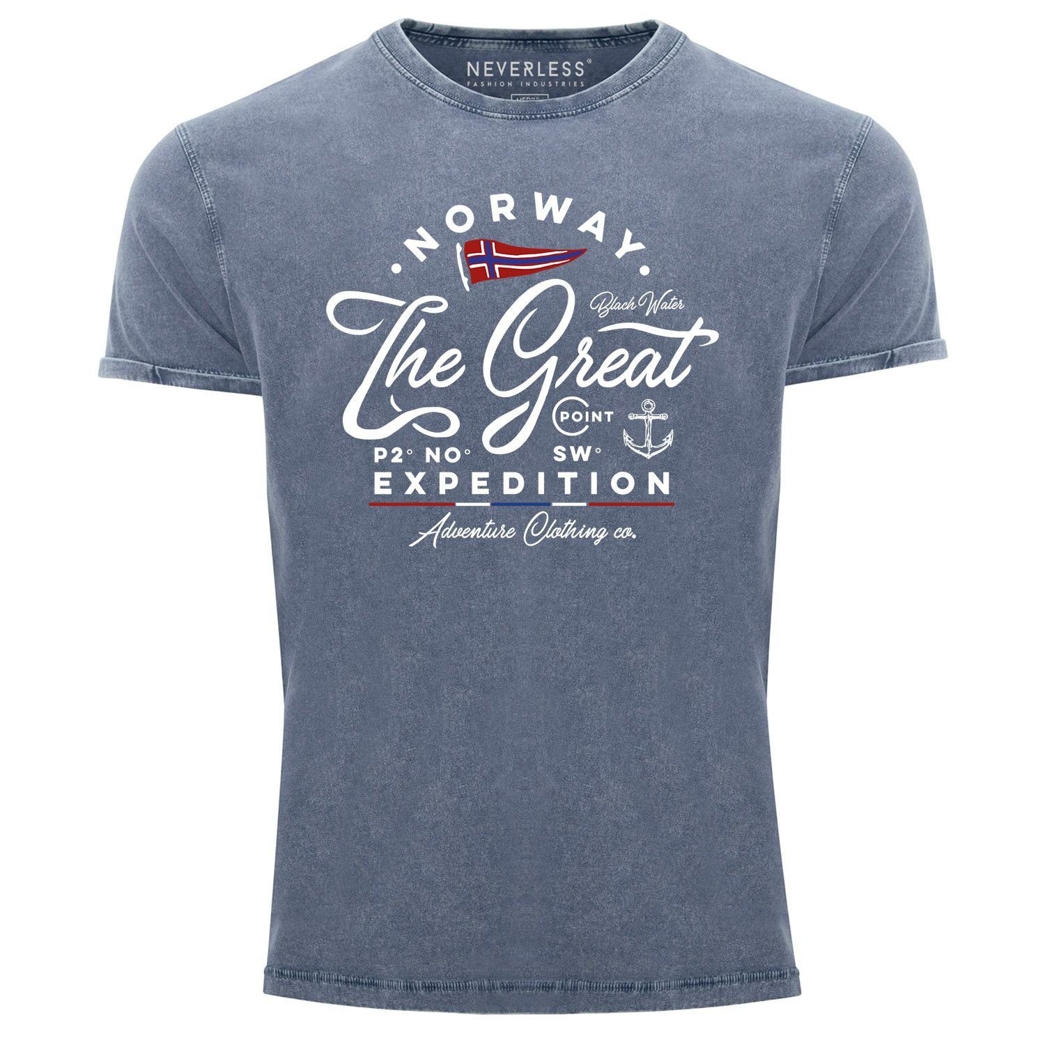 Neverless Print-Shirt Herren Vintage Shirt Norwegen The Great Expedition Outdoor Adventure Printshirt T-Shirt Aufdruck Used Look Neverless® mit Print blau