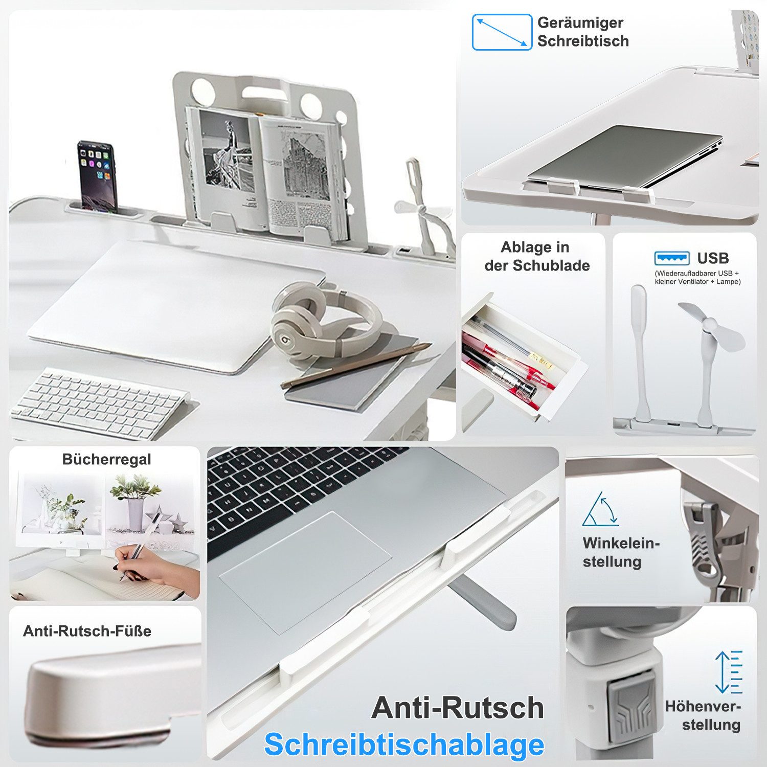 SURFOU Laptoptisch Tisch Laptop Bett Laptopständer Tablett mit Füßen 40 x 60cm (Ausklappbar mit Schublade Klappbarer Lapdesk), Höhenverstellbar mit 5 Einstellbare für Bett und Sofa