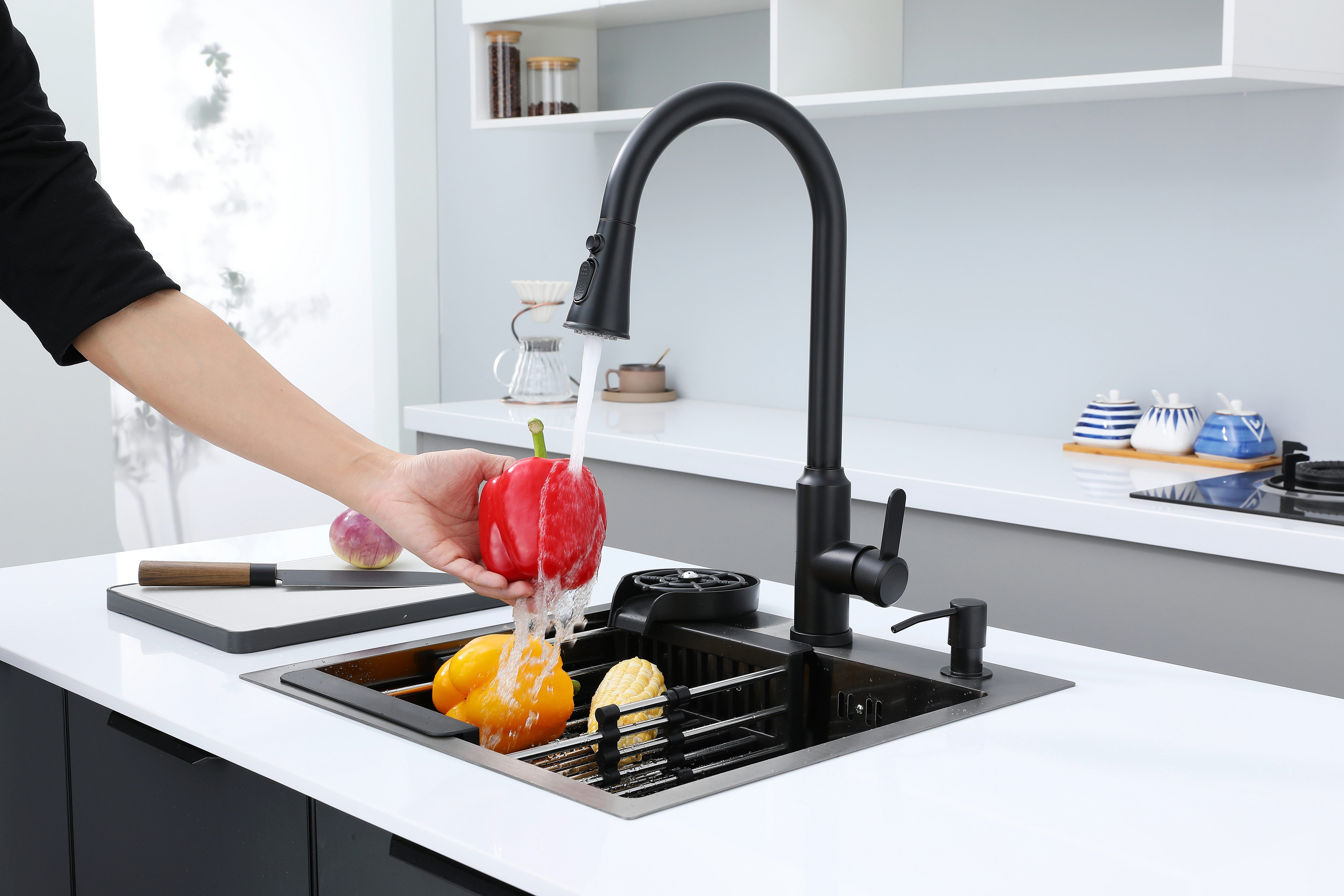 Faizee Home Edelstahlspüle Küchenspüle Schwarz mit Wave-Armatur & Zubehör 45 x 45 x 21,5 cm