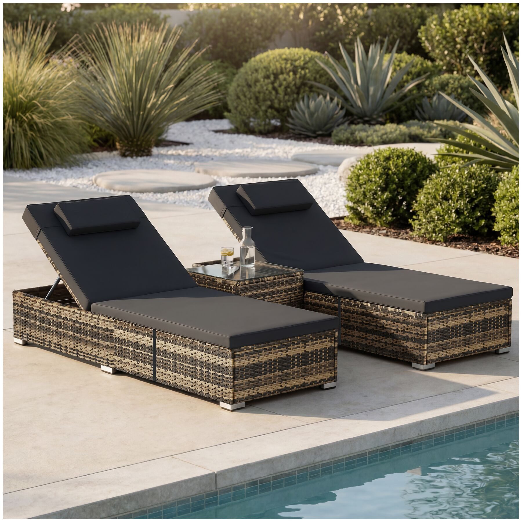 Gartenliege Rattan-Doppelliege mit Tisch, mit abnehmbaren Kopfpolstern