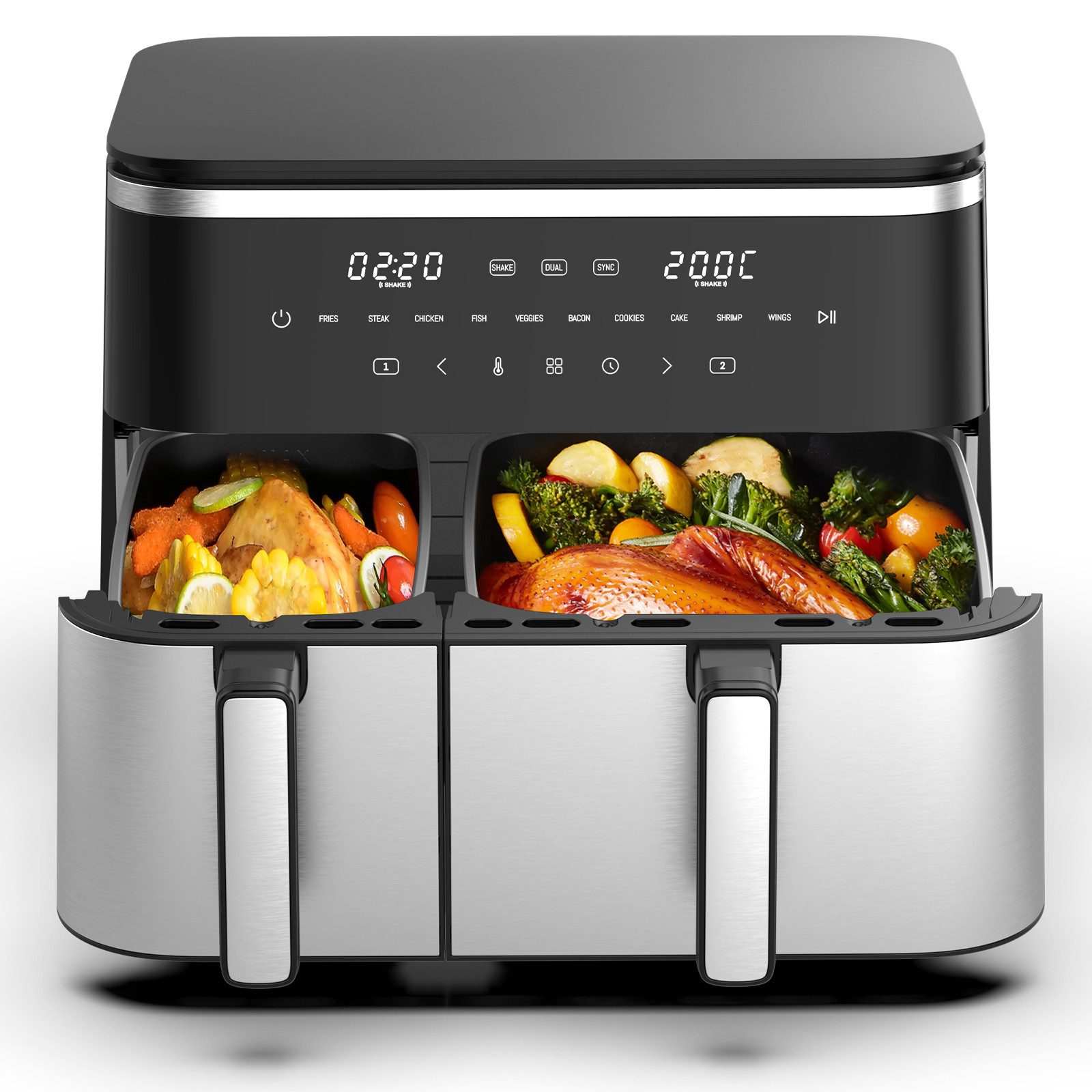 AIMAX Heißluftfritteuse Doppelkammer11 Liter, XXL Airfryer mit 10 Programme, Touch-Screen, 2600 W, Sync Finish & Dual Cook, Shake-Erinnerung, Spülmaschinenfest