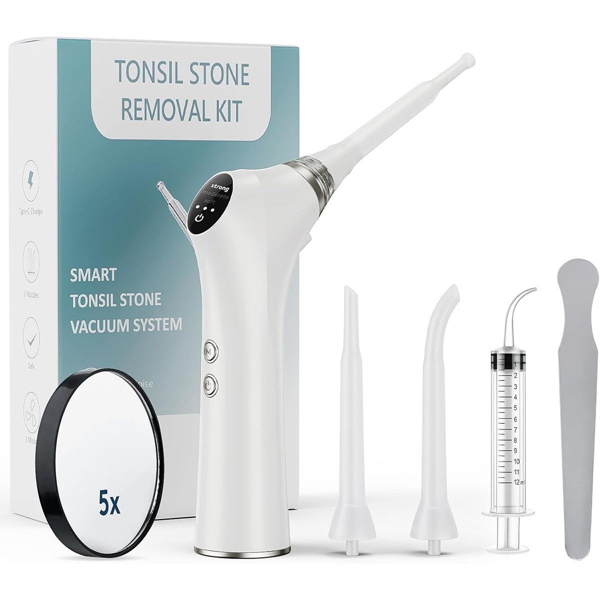 Novzep Zahnpflege-Set Mandelstein Entferner,3 Geschwindigkeiten,LED Licht für Mundgeruch, Munddusche 3 ErsatzköpfeSchmerzfreie Reinigung