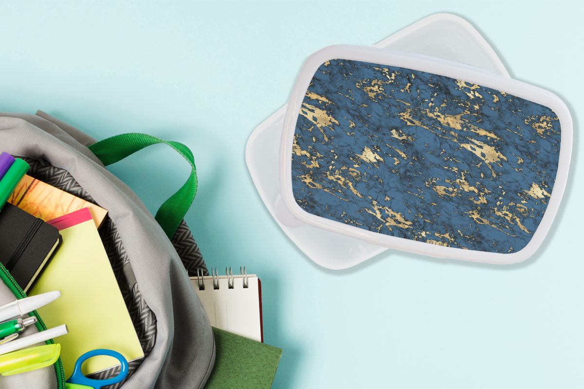 Design, Erwachsene, Lunchbox und (2-tlg), Brotbox Jungs für Mädchen - - Marmor für Kinder Blau Kunststoff, - Brotdose, MuchoWow weiß und Gold