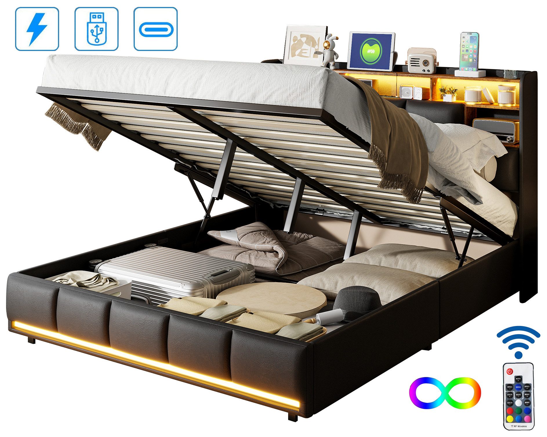 FUROKOY Polsterbett Doppelbett Stauraumbett Hydraulisch anhebbarer günstig online kaufen