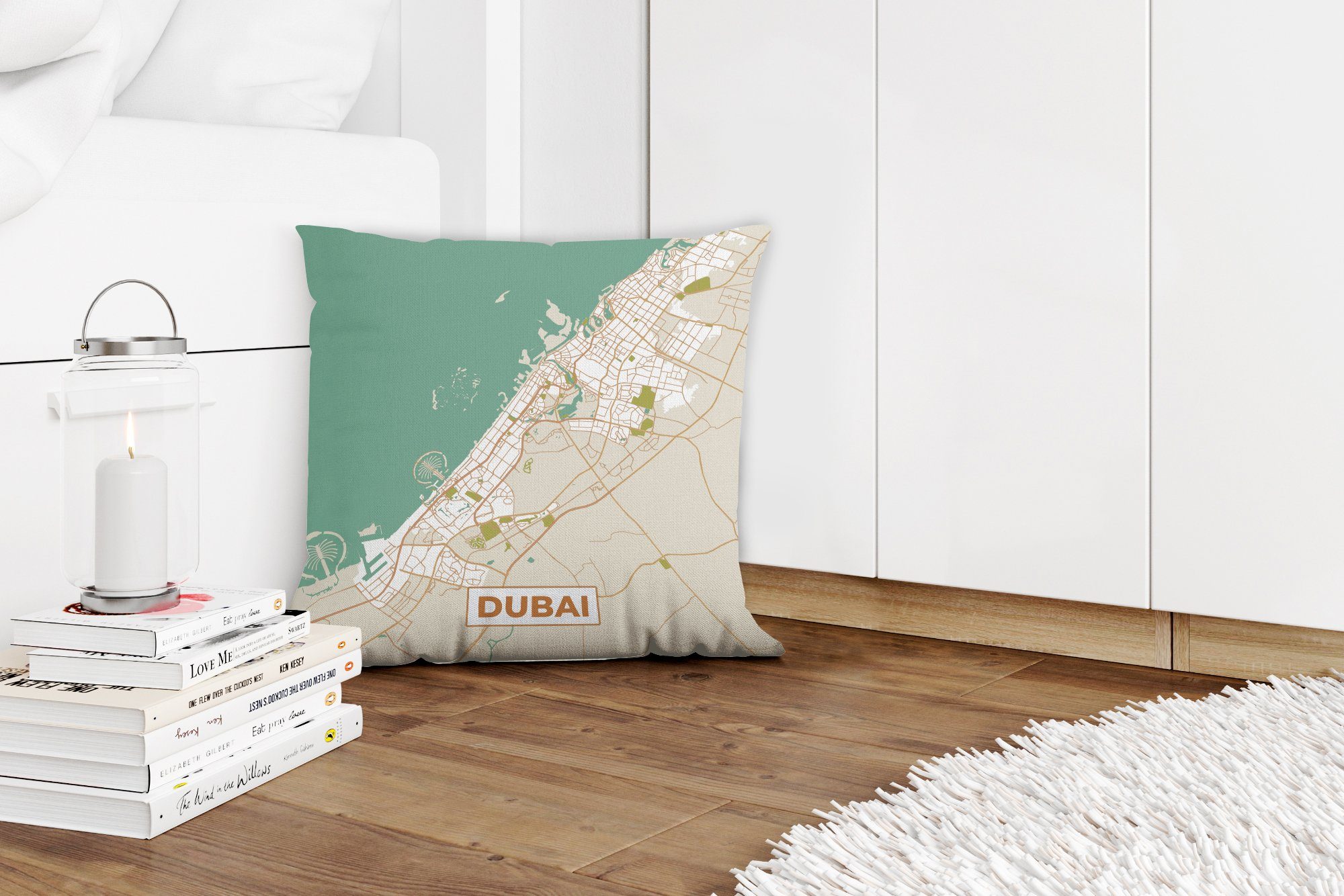 - Schlafzimmer, Füllung - Stadtplan Karte - Dekokissen MuchoWow Dubai für Zierkissen Wohzimmer, Vintage, Deko, Sofakissen mit