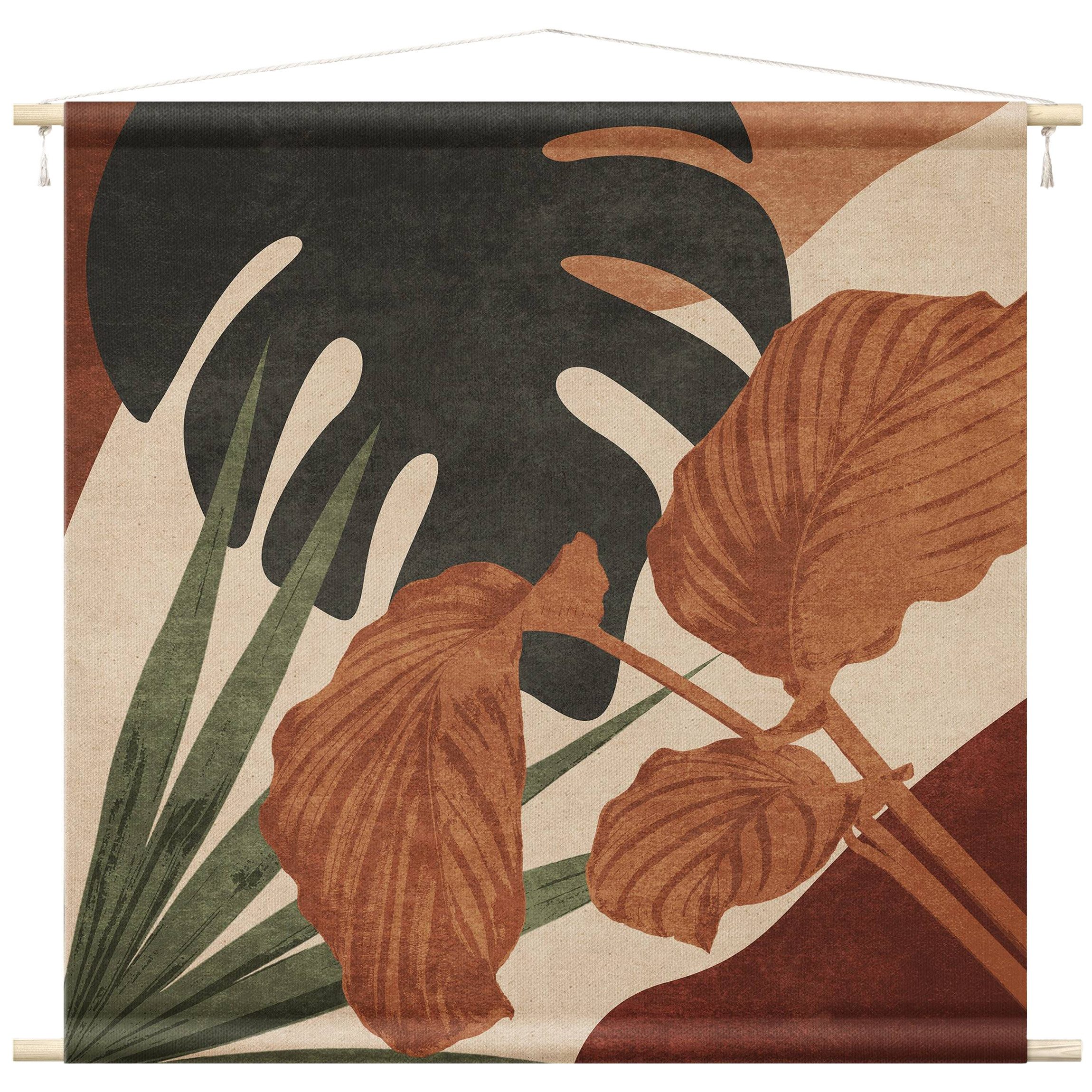 Bilderdepot24 Wandteppich modern Boho Tropisch Vintage beige, quadratisch, Höhe: 2.6 mm, großes Wandbild aus Natur-Baumwolle Wandbehang Stoffbild Tuch Wollseil