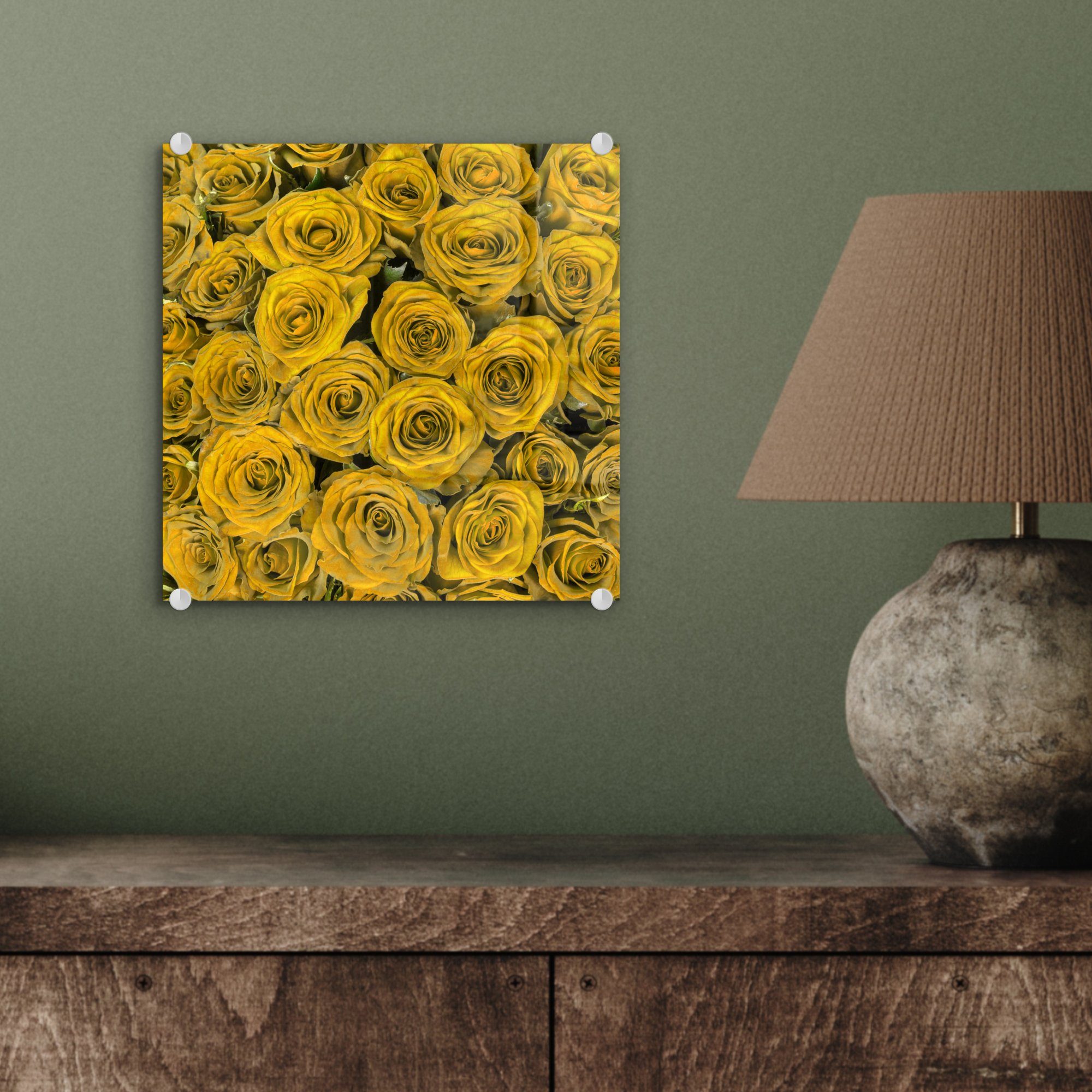 Glas - Bilder - (1 - Glasbilder Foto Glas Rosen - Wanddekoration Blumenstrauß, Gelb Wandbild auf auf Acrylglasbild MuchoWow St), -