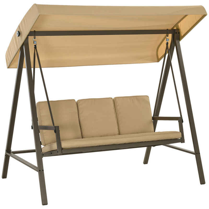 Outsunny Hollywoodschaukel Schaukelbank mit Verstellbarem Dach, Rückenkissen, 3-Sitzer, mehrfach verstellbares Dach, Gartenschaukel, 1 tlg., Schwingbank, bis 360 kg Belastbar, Beige, 200 x 125 x 175 cm