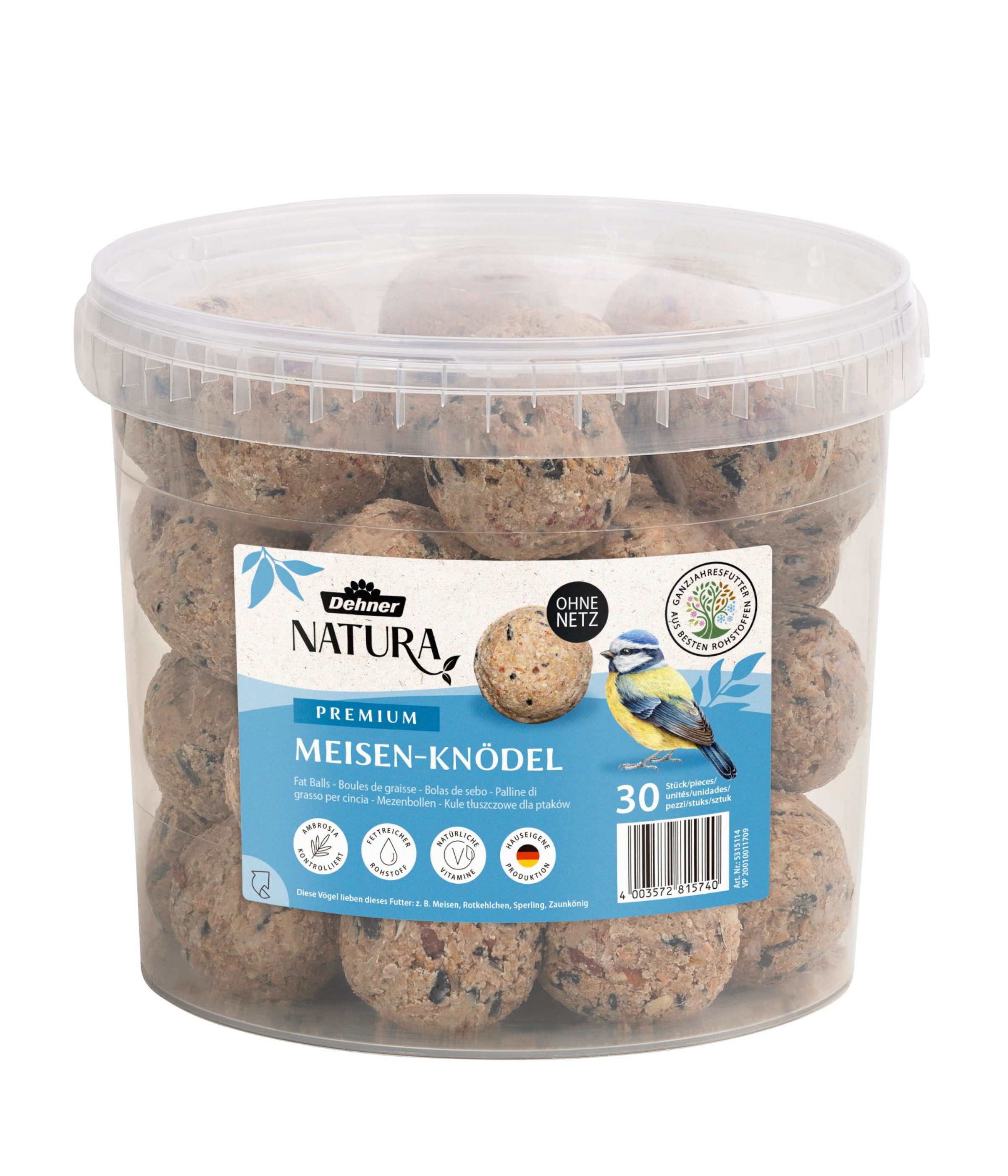 Dehner Natura Große Meisenknödel ohne Netz, 30 Stück je 90 Gramm (2.7 kg), Hauptfutter für: Gartenvögel, Wildvogel, im Eimer, Wildvogelfutter zur ganzjährigen Fütterung