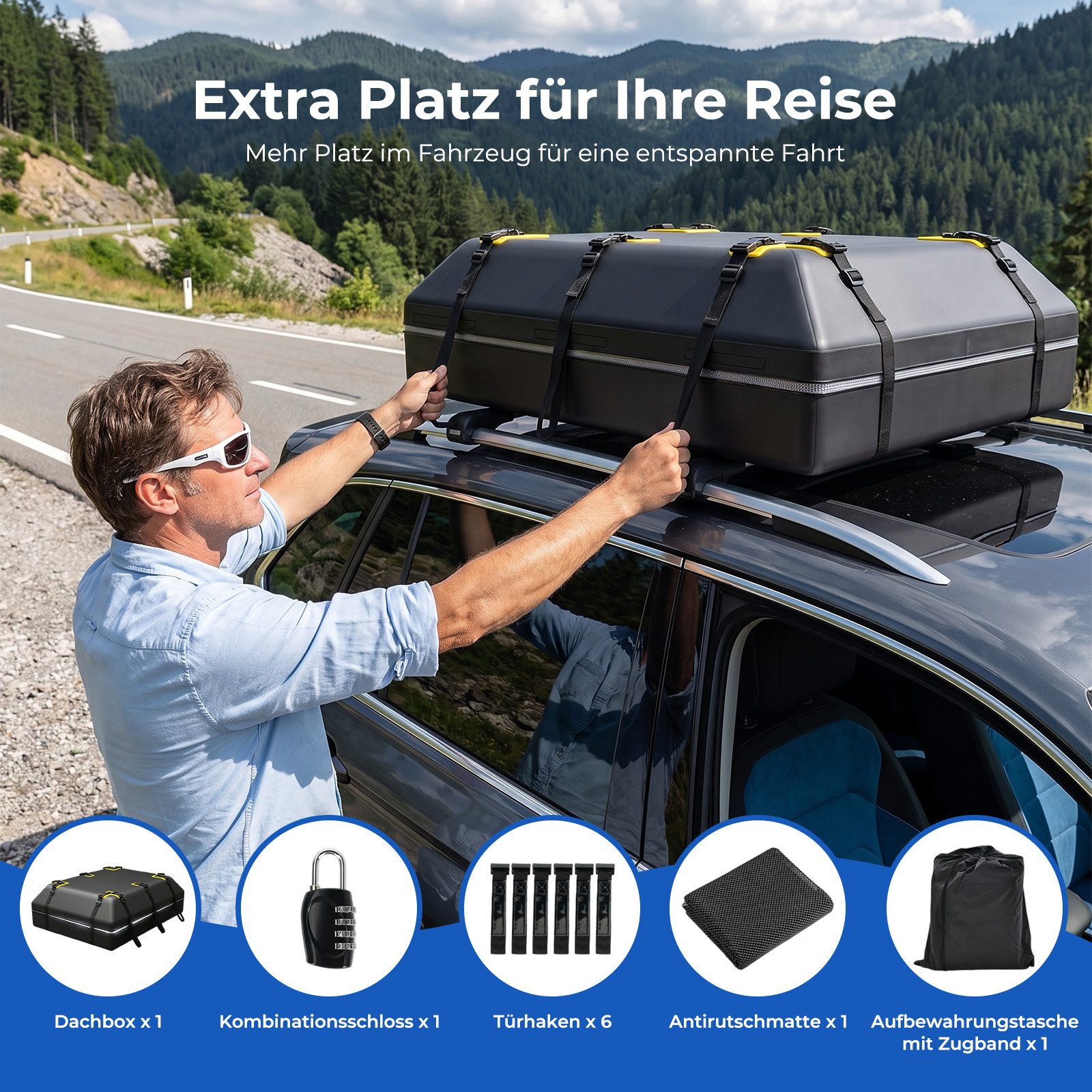 AKKEE Dachbox Auto 600L Faltbare Wasserdicht mit Schloss Türhaken Tragetasche, 132 x 100 x 43 cm