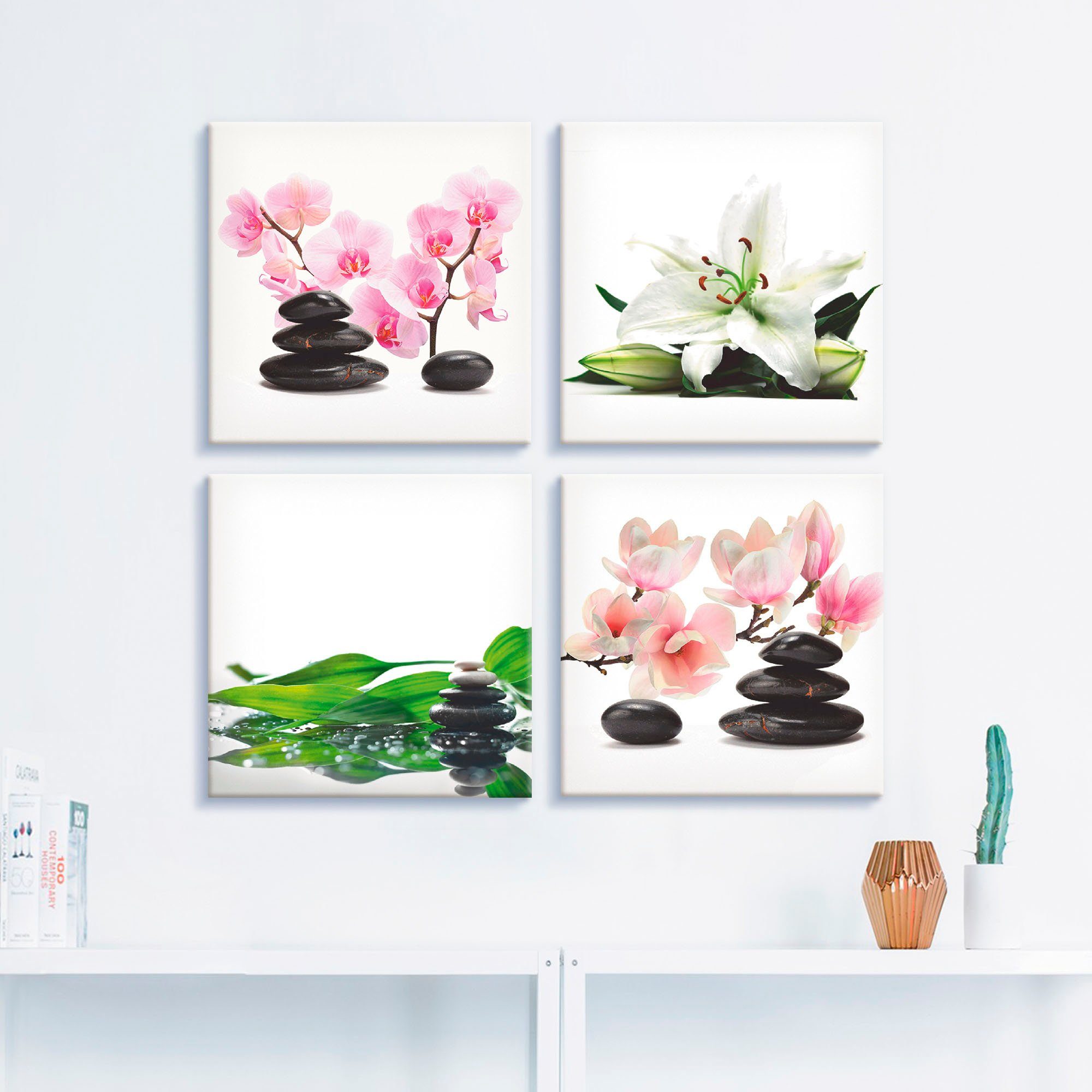 Orchidee Leinwandbild 4er Magnolie, St), verschiedene Zen Set, (4 Spa Bambus Größen Stein Lilie Artland