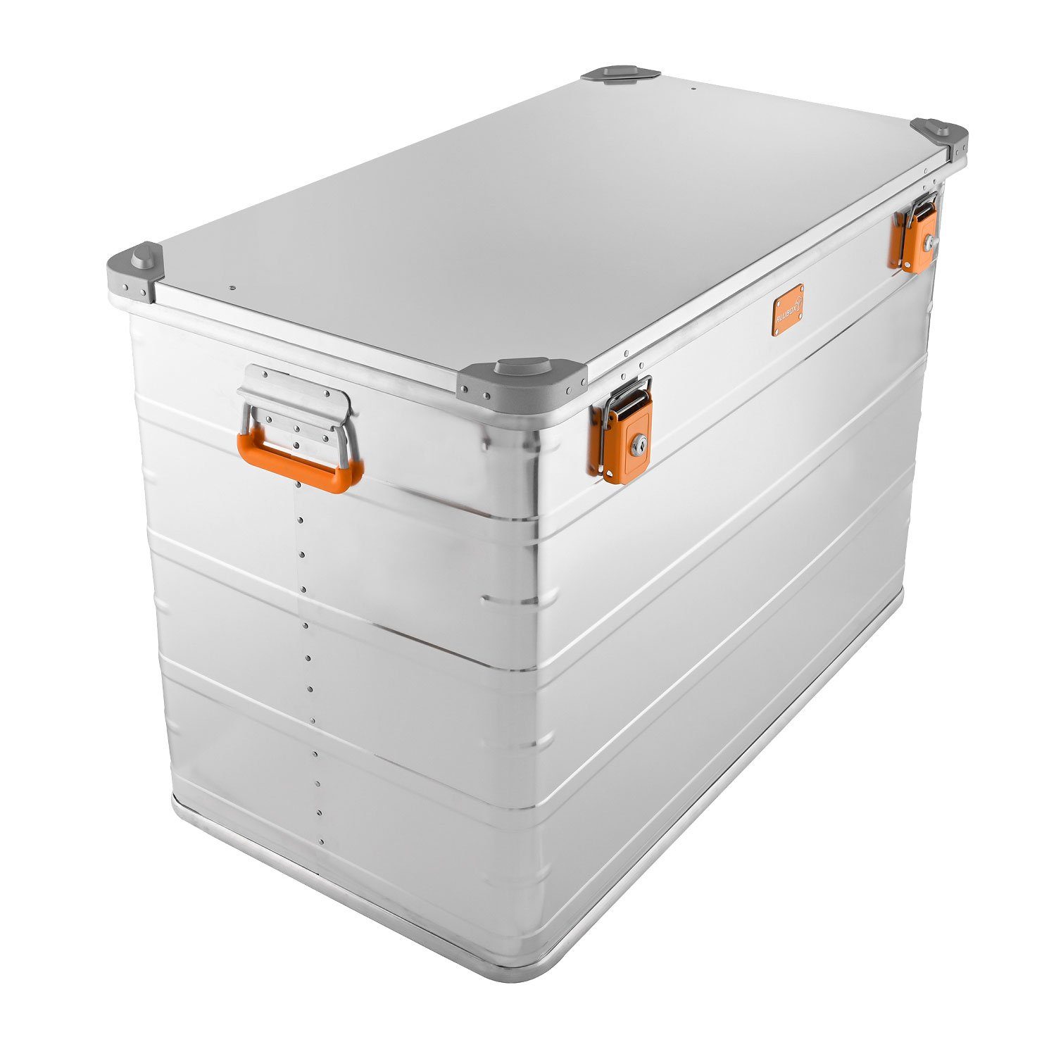 ALUBOX Aufbewahrungsbox 250 Liter abschließbar 1 mm Wandstärke (Set), Fangbänder am Deckel - umlaufende Gummidichtung - Druckgussstapelecken