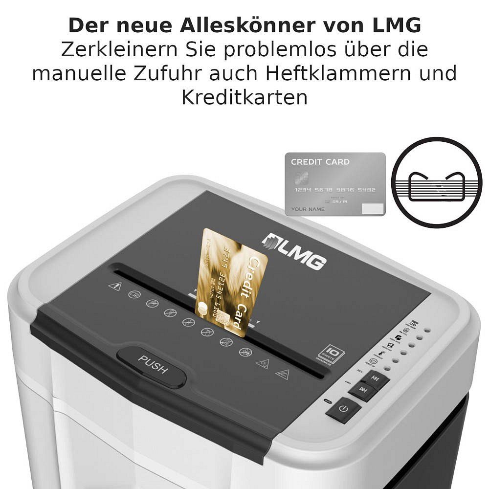 LMG Germany Aktenvernichter leise, 60 P5 bis 10 Dauerbetrieb manuell Autofeed Blatt, Schredder Partikelschnitt, zu Blatt, P4, 120 Minuten Papierschredder sehr