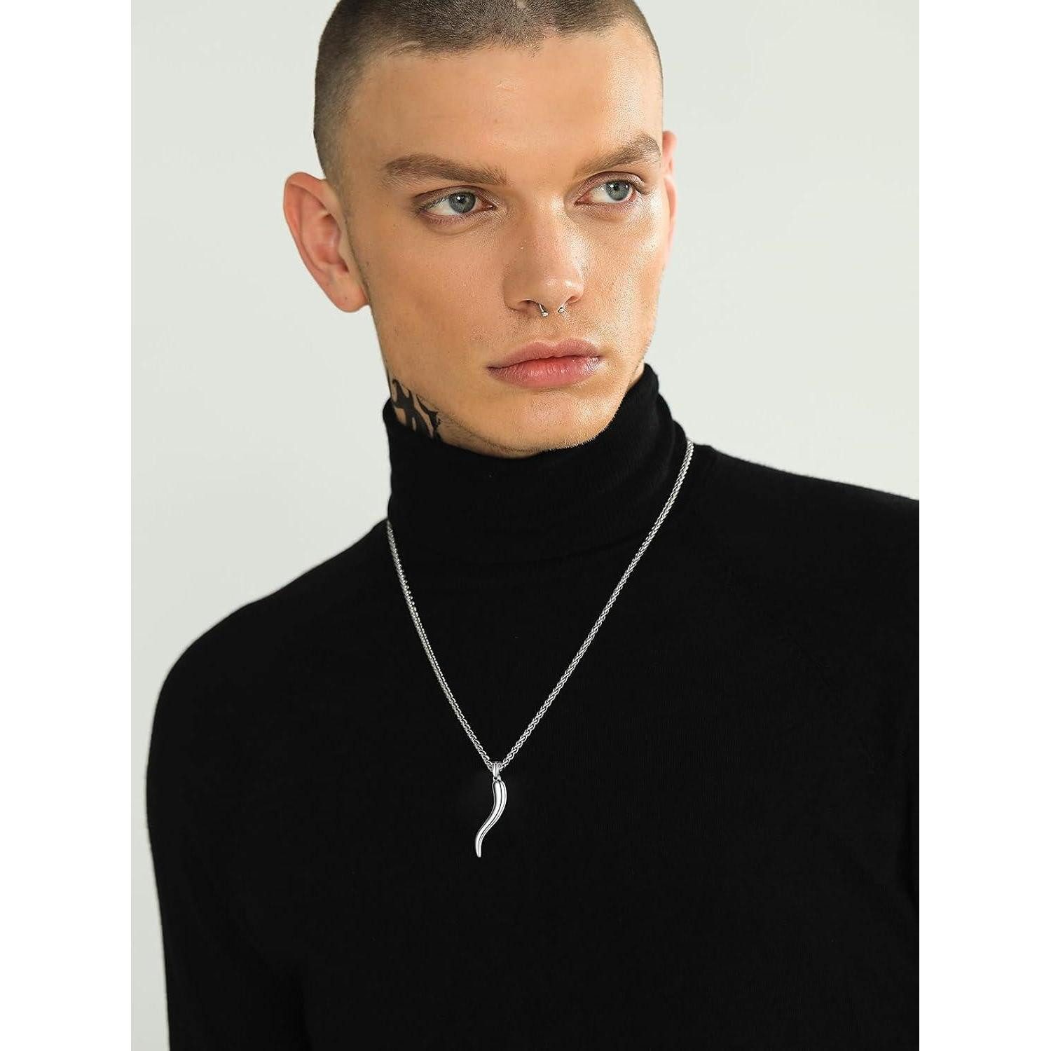 LuxusKollektion Kette mit Anhänger Collier Herren Damen 316L Edelstahl Cornicello 01: Groß-silber – Bild 2 von 5