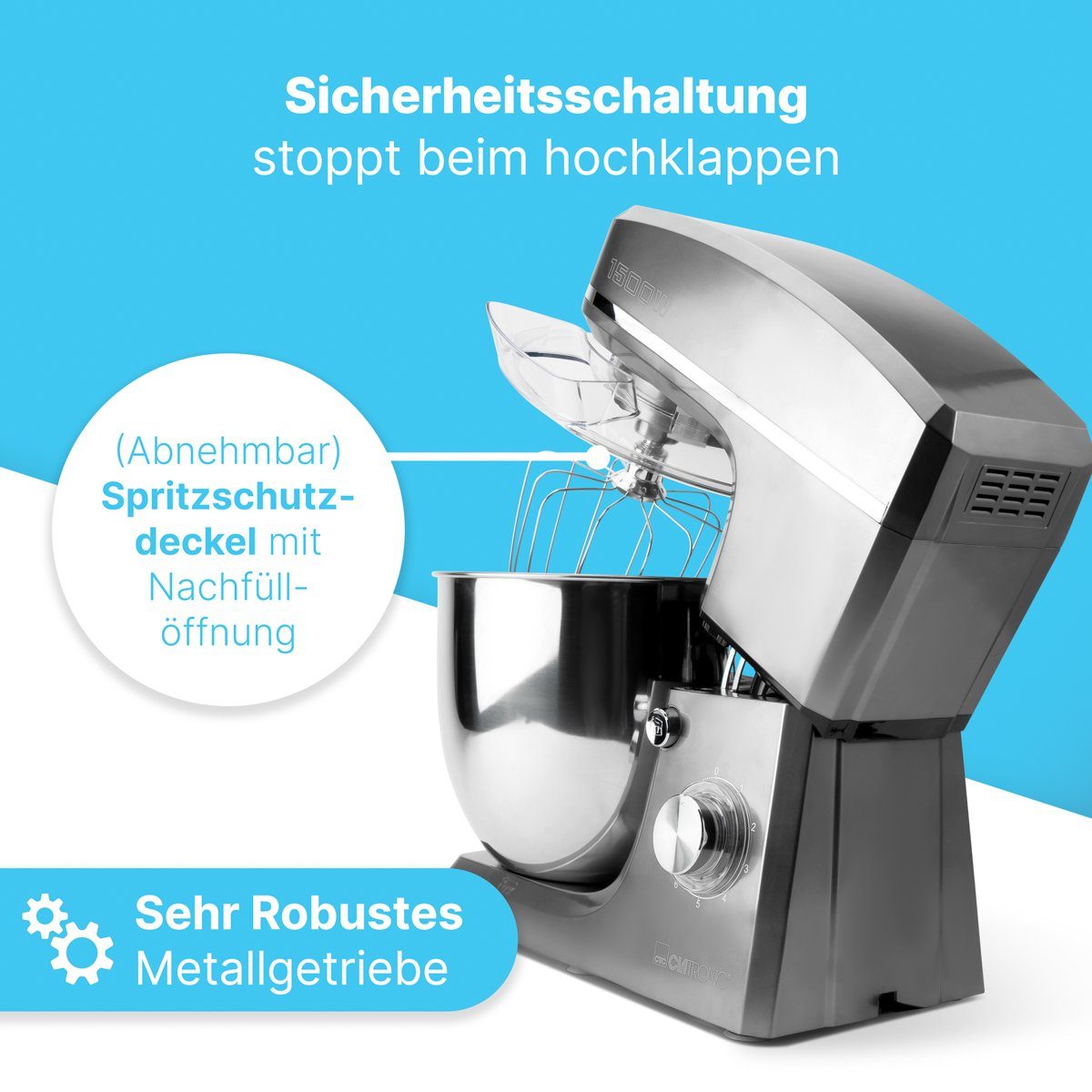 10L Küchenmaschine Knetmaschine Motor 1500W KM 3765, mit CLATRONIC titan XXL starkem