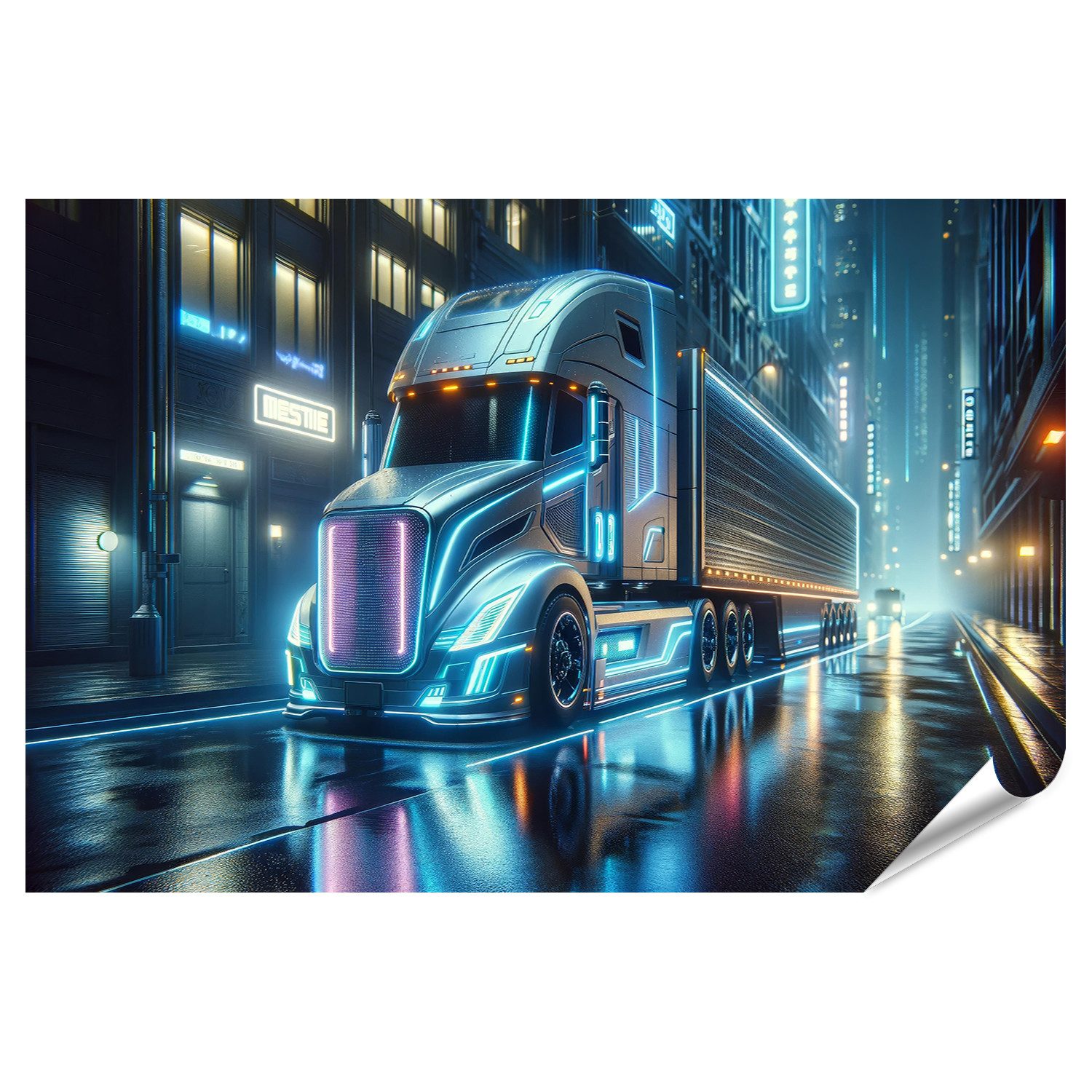 Poster Futuristischer LKW Sattelschlepper auf nasser Straße bei Nacht