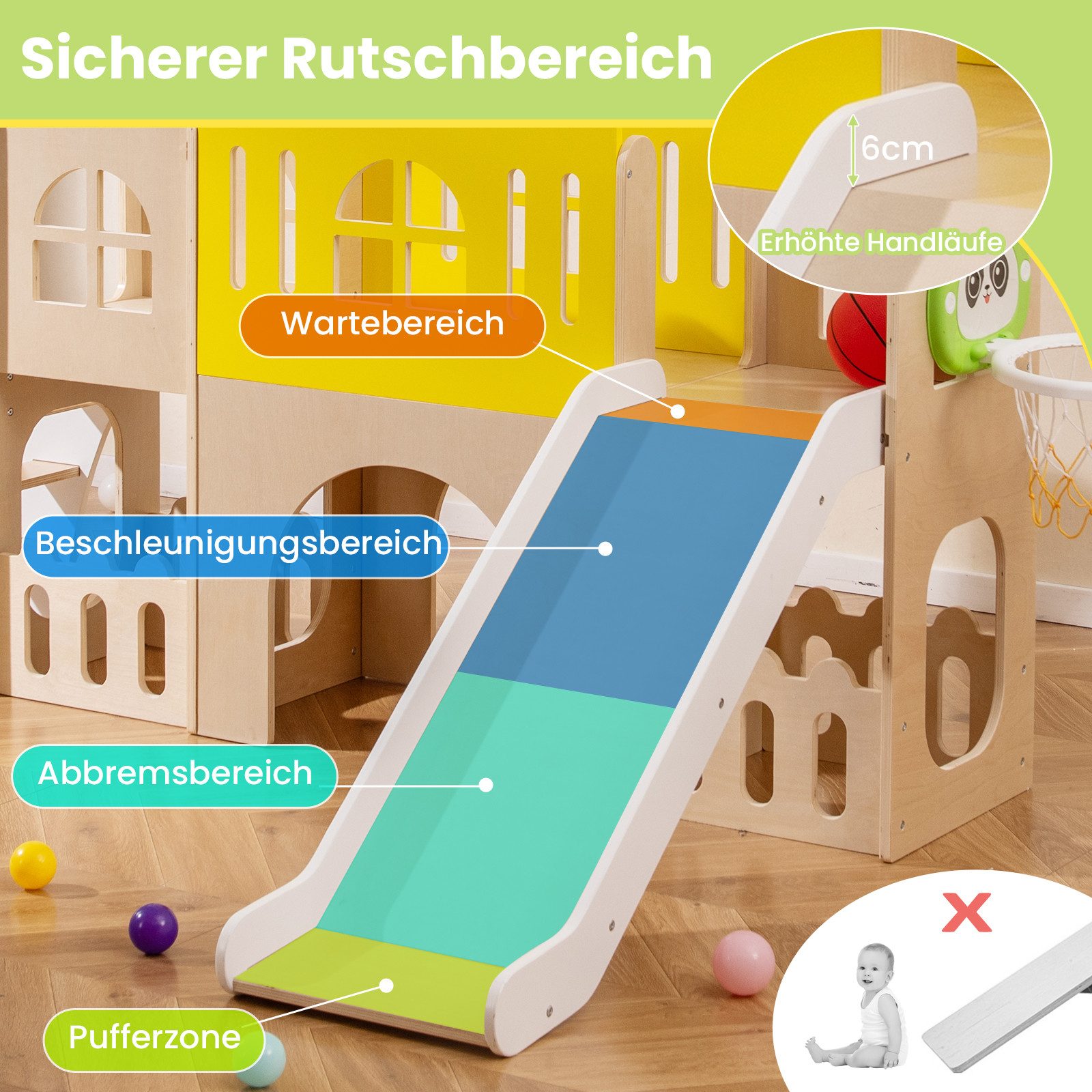 COSTWAY Rutsche mit Kletterleiter & Basketballkorb & Tunnel & Stauraum, (1-tlg), Kinderrutsche, Holz Spielplatz, Klettergerüst, Indoor – Bild 5 von 5
