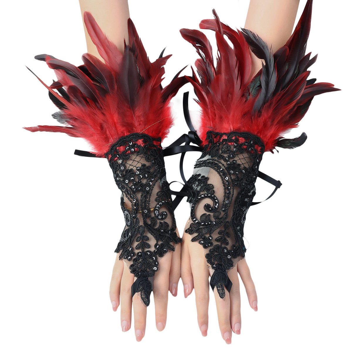 yozhiqu Abendhandschuhe Federhaken-Handschuhe, Gothic-Kunstleder-Mesh-Handschuhe Party-Ball, schwarze Spitze, Armband-Ärmel-Zubehör