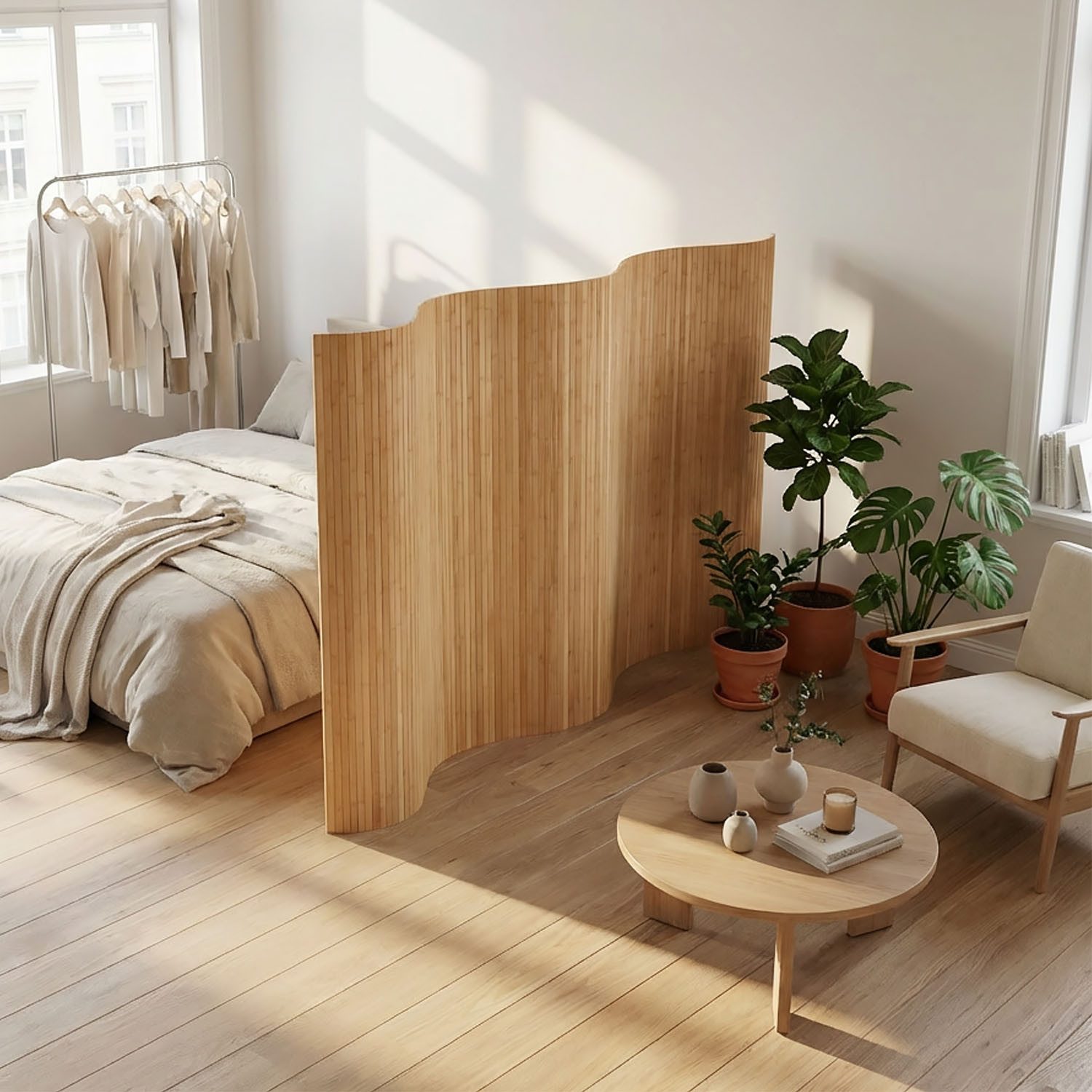 Homestyle4u Paravent Raumteiler Indoor Holz Trennwand Bambus Sichtschutz 145x200 195x200 (1 St), Braun, Faltwand