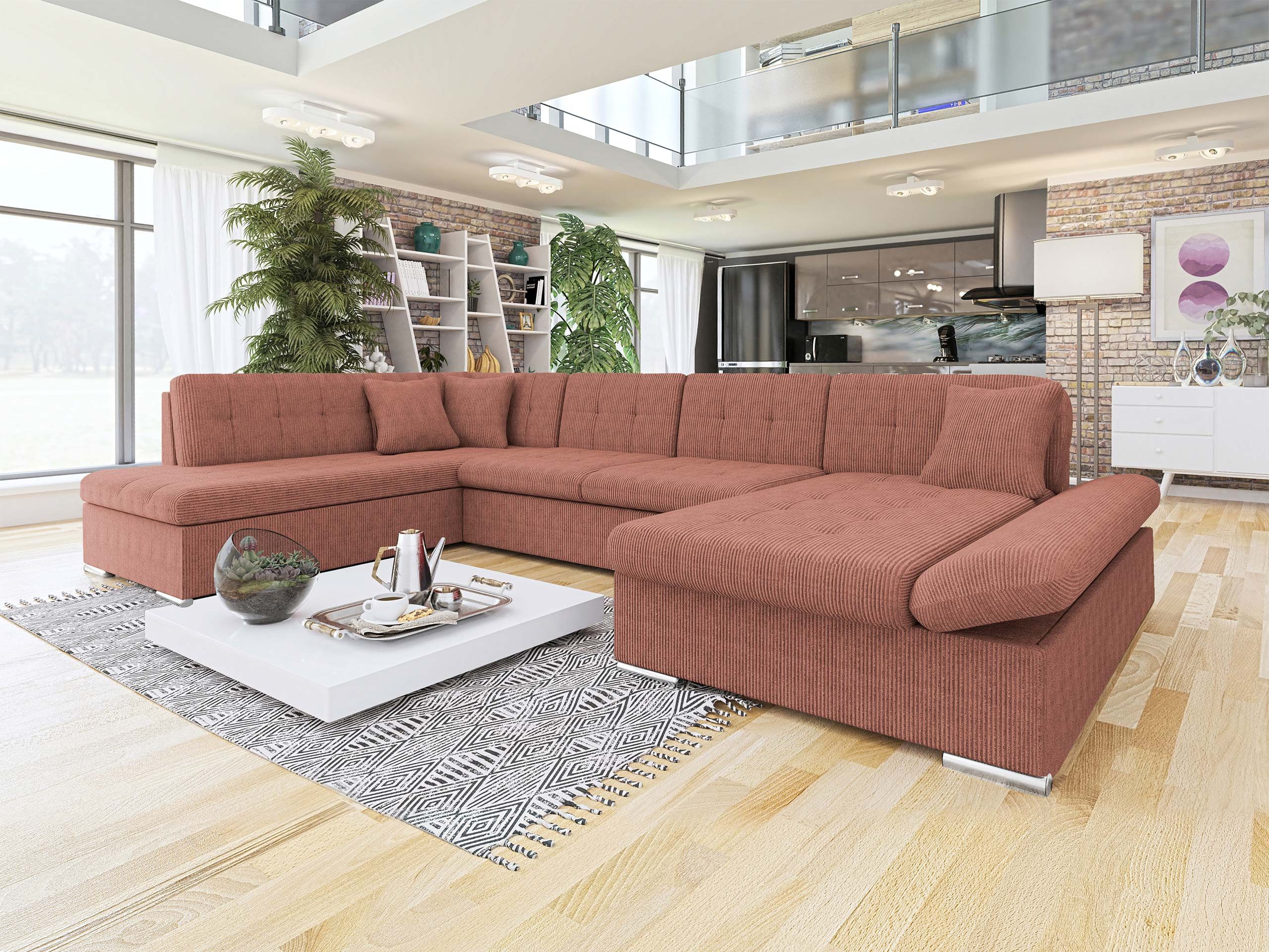 MIRJAN24 Wohnlandschaft Bergen Cord, mit Schlaffunktion und Bettkasten, Regulierbare Armlehnen, U-Form Sofa