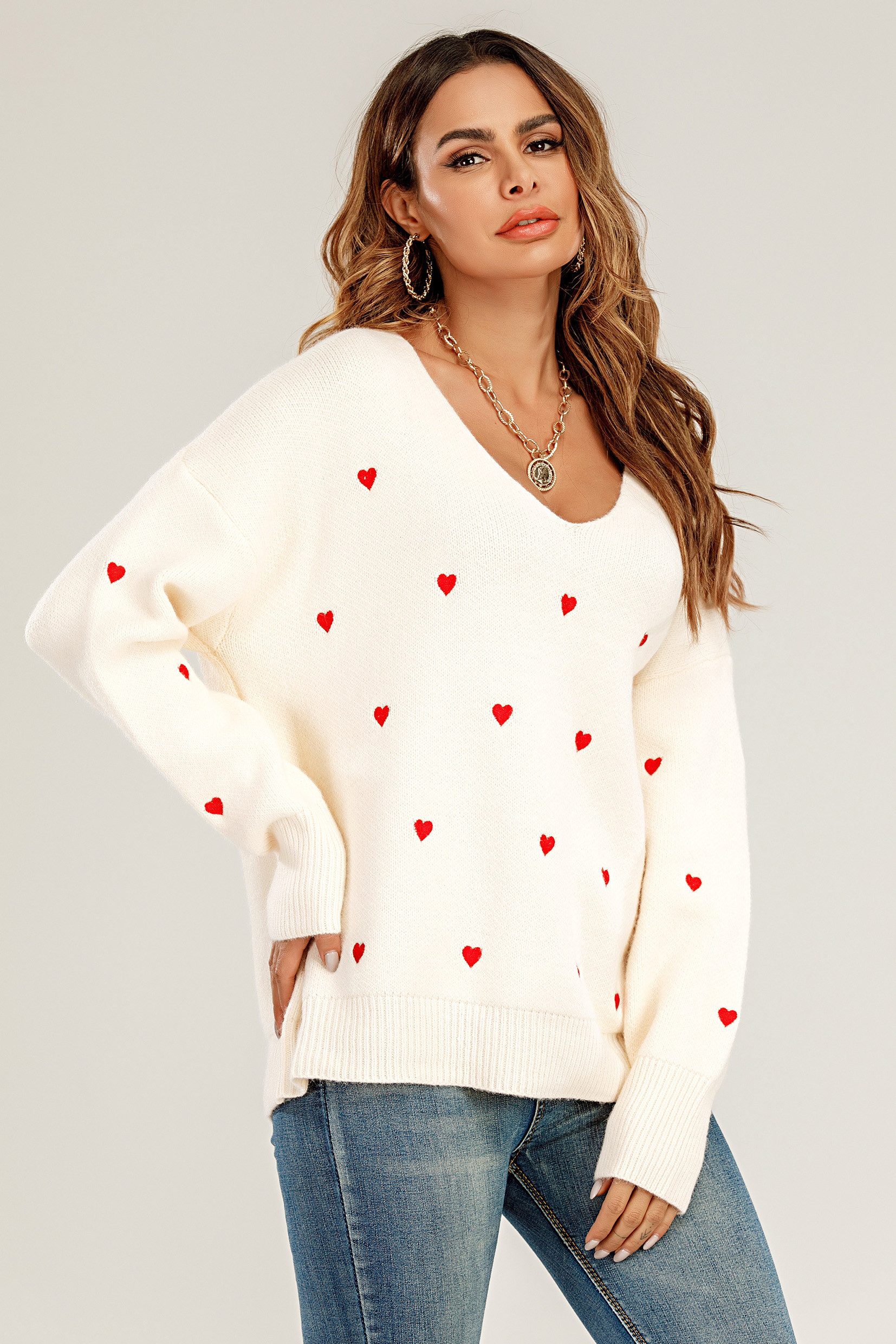 FS Collection Strickpullover Pullover aus Strick mit V-Ausschnitt und roter günstig online kaufen