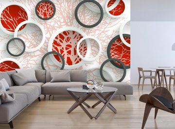wandmotiv24 Fototapete Rot äste 3D Abstrakt Fenster Kreise, glatt, Wandtapete, Motivtapete, matt, Vliestapete