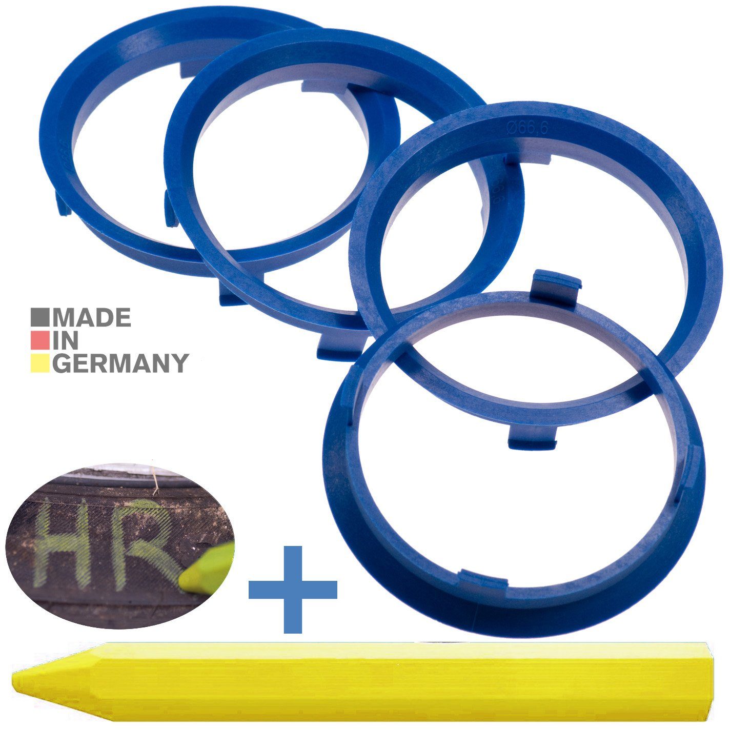 RKC Reifenstift 4X Zentrierringe Blau Felgen Ringe + 1x Reifen Kreide Fett Stift, Maße: 71,6 x 66,6 mm
