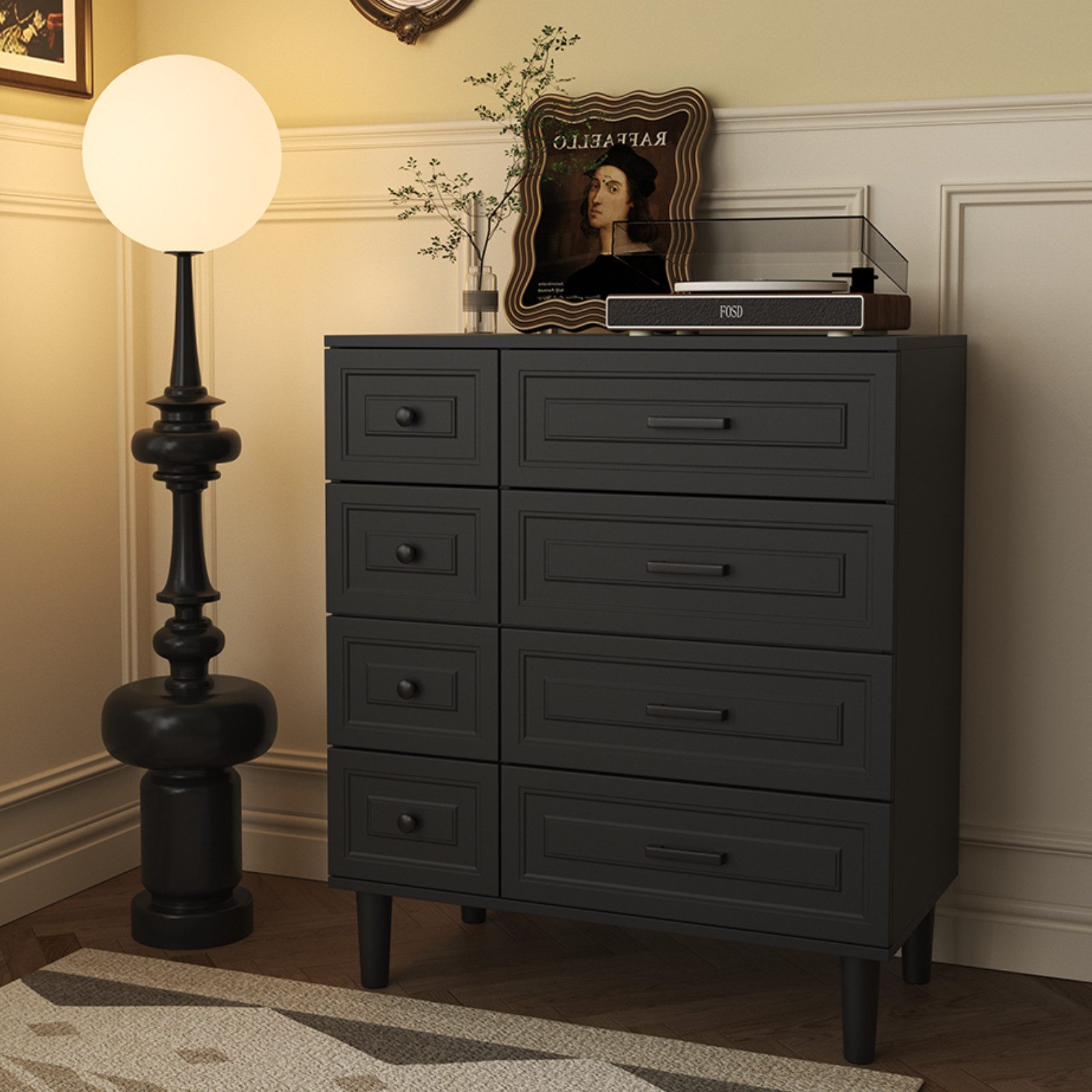 HOMAVO Kommode DG3 mit 8 Schubladen– modernes Design mit Füßen-75x40x87 cm, FSC®-zertifiziert, pflegeleicht, Innenprägung-Front mit Tiefziehfolie