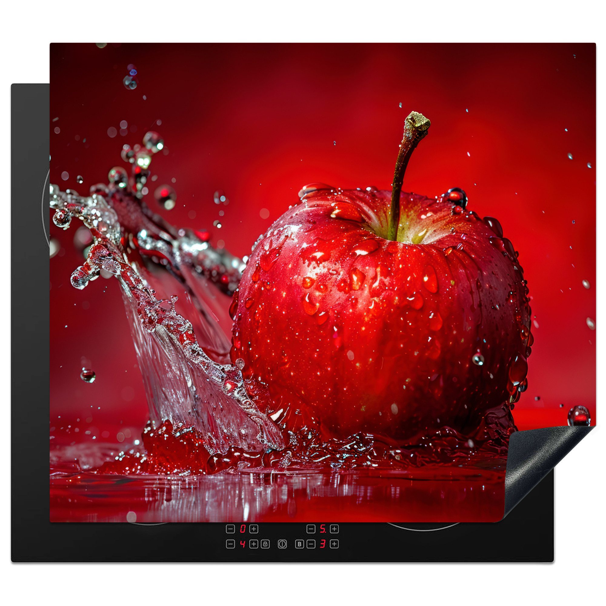 MuchoWow Herd-Abdeckplatte Apfel - Spritzer - Wasser - Rot, Vinyl, (1 tlg), Ceranfeldabdeckung Küche, Herdabdeckplatte Einteilig, 60x52 cm