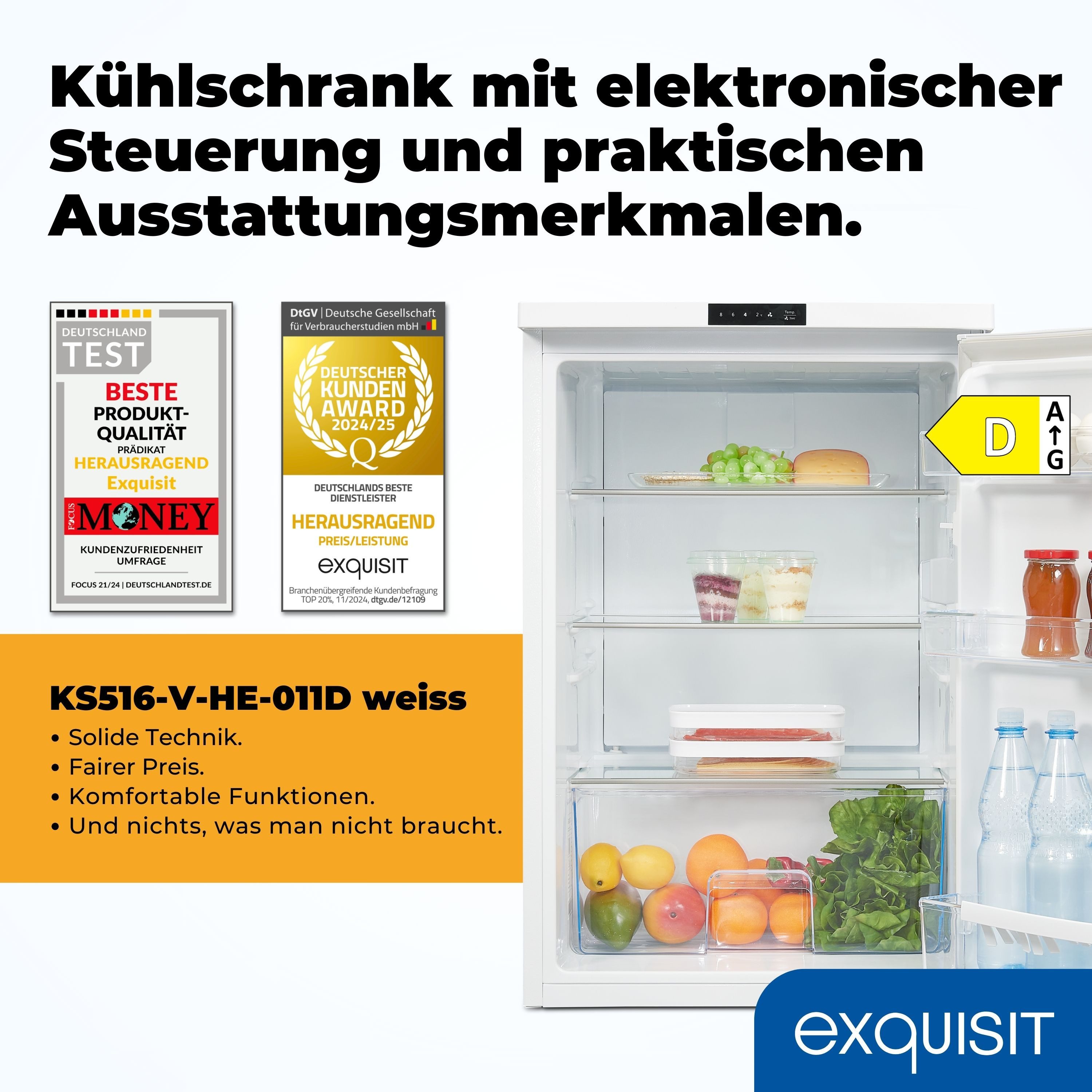 exquisit Kühlschrank KS516-V-HE-011D, 85 cm hoch, 56 cm breit, Schnellkühlenfunktion, Alarmfunktion, LED-Beleuchtung