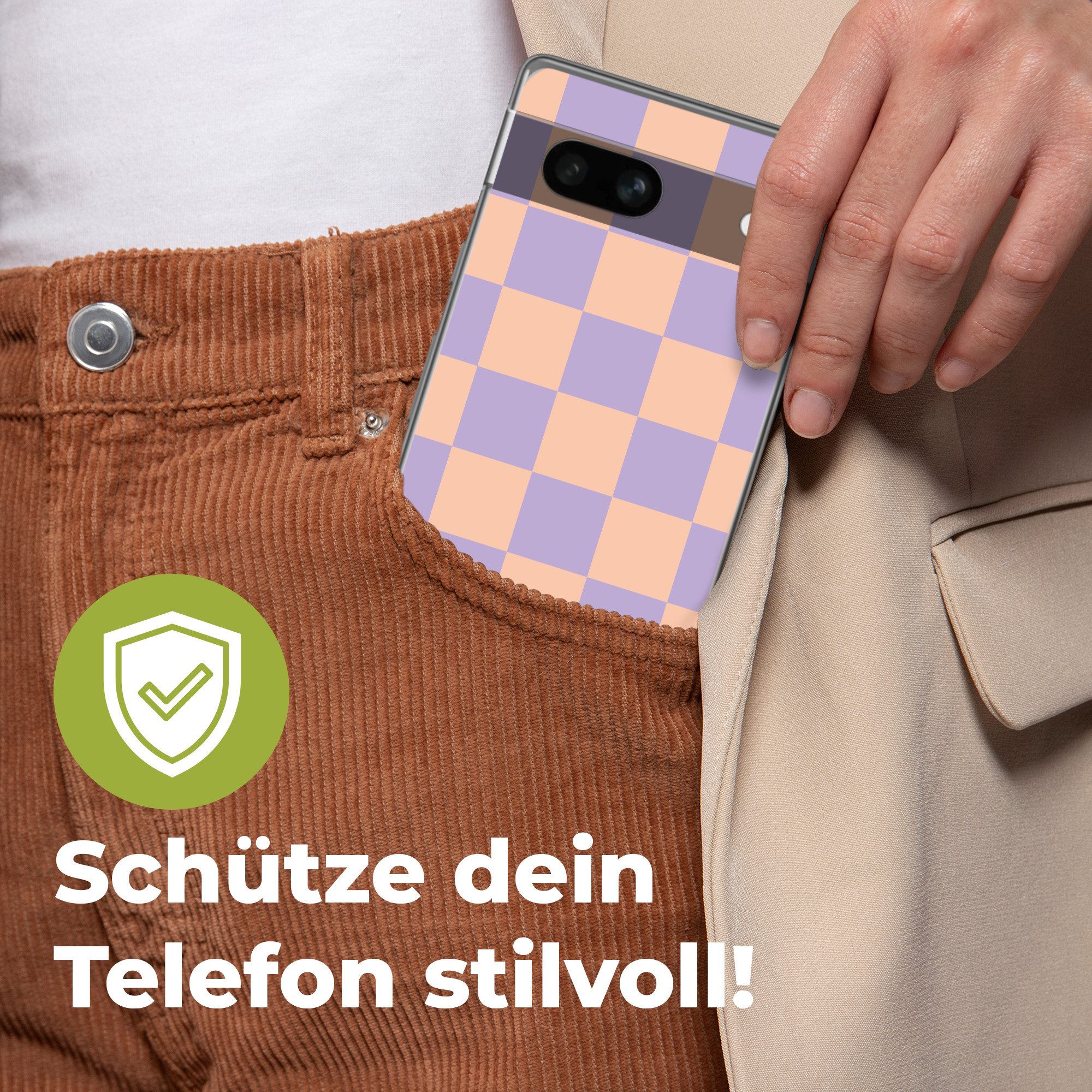 MuchoWow Handyhülle für Google Pixel 7a Schachbrettmuster - Lila - Rosa - Würfel, Handy Case, Silikon, Bumper Case Dünn