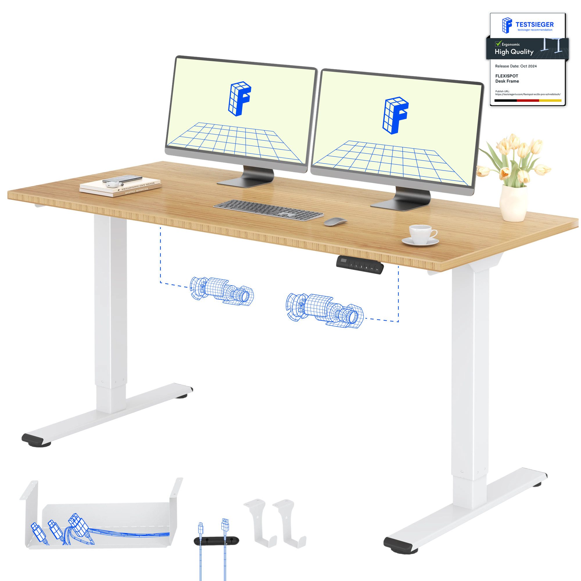 FLEXISPOT Schreibtisch Basic Plus höhenverstellbarer Schreibtisch mit Premium-Zubehör-Set (2 Motore & 2-Fach-Teleskop & 4 Höhenspeichertasten), MIT 19MM Bambus Tischplatte, 140/160/180