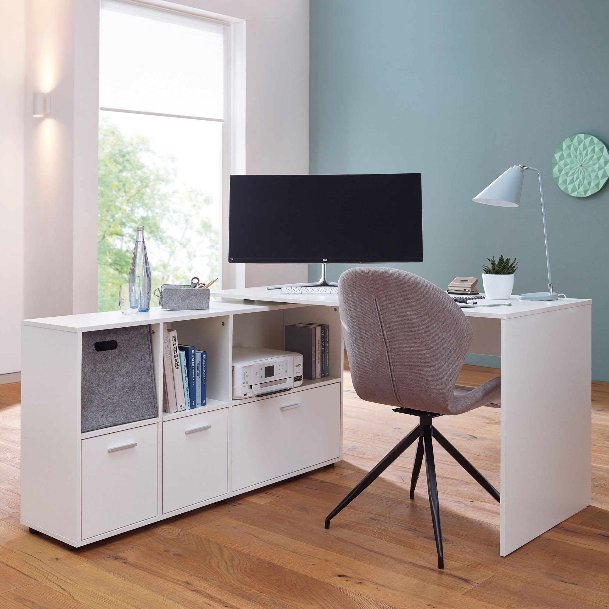 Winkelschreibtisch cm, 75,5 Büro Tisch x mit Weiß, 155,5 75,5 Schreibtischkombination Sideboard, Office, 155,5 x möbelando 136 Schreibtischkombination cm x 136 Schreibtisch Modern Home Schreibtisch x