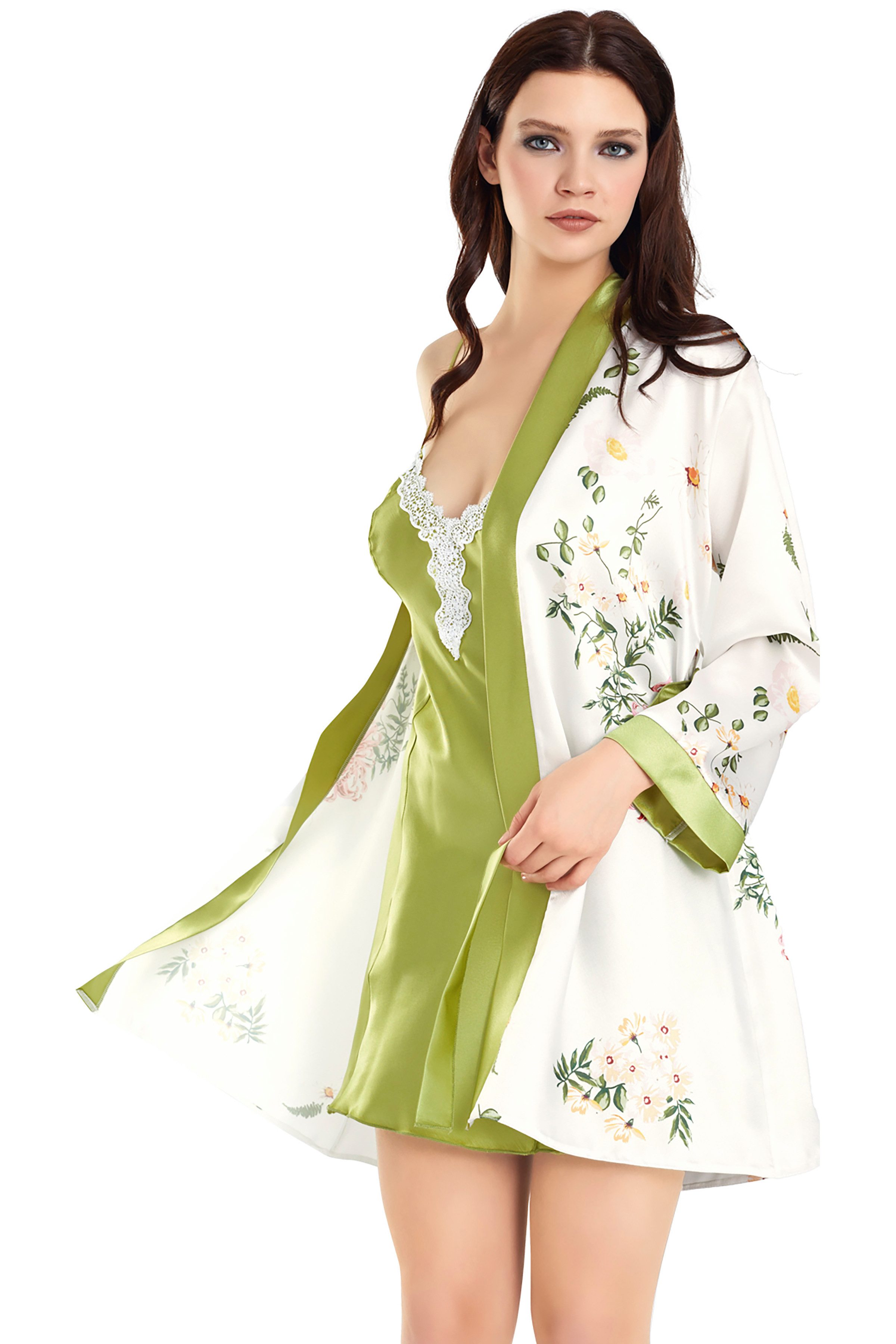 Nachthemd 2-teiliges Satin Nachthemd Set mit Kimono in Grün & Blumenprint 2-teiliges Set aus Nachthemd und Kimono