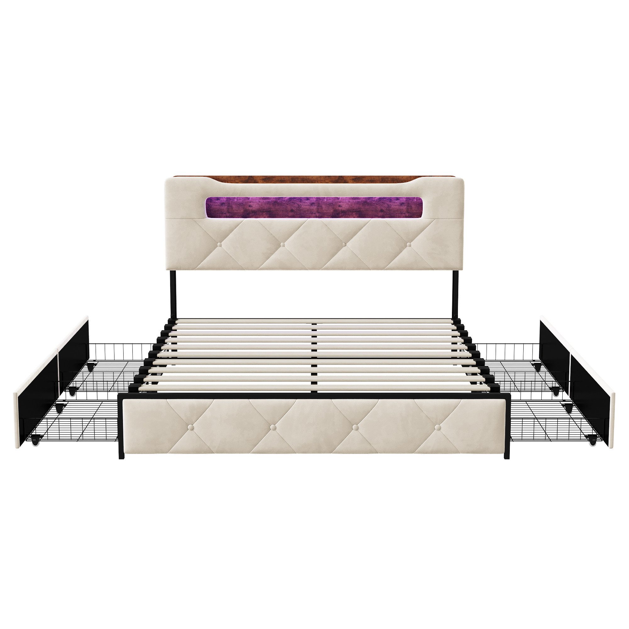 Gdood Polsterbett LED Stauraumbett 140x200cm, Doppelbett mit Kopfteil und 4 Schubladen (1-tlg., Samtmaterial Polsterbett mit RGB Beleuchtung), Bett mit Lattenro – Bild 2 von 5