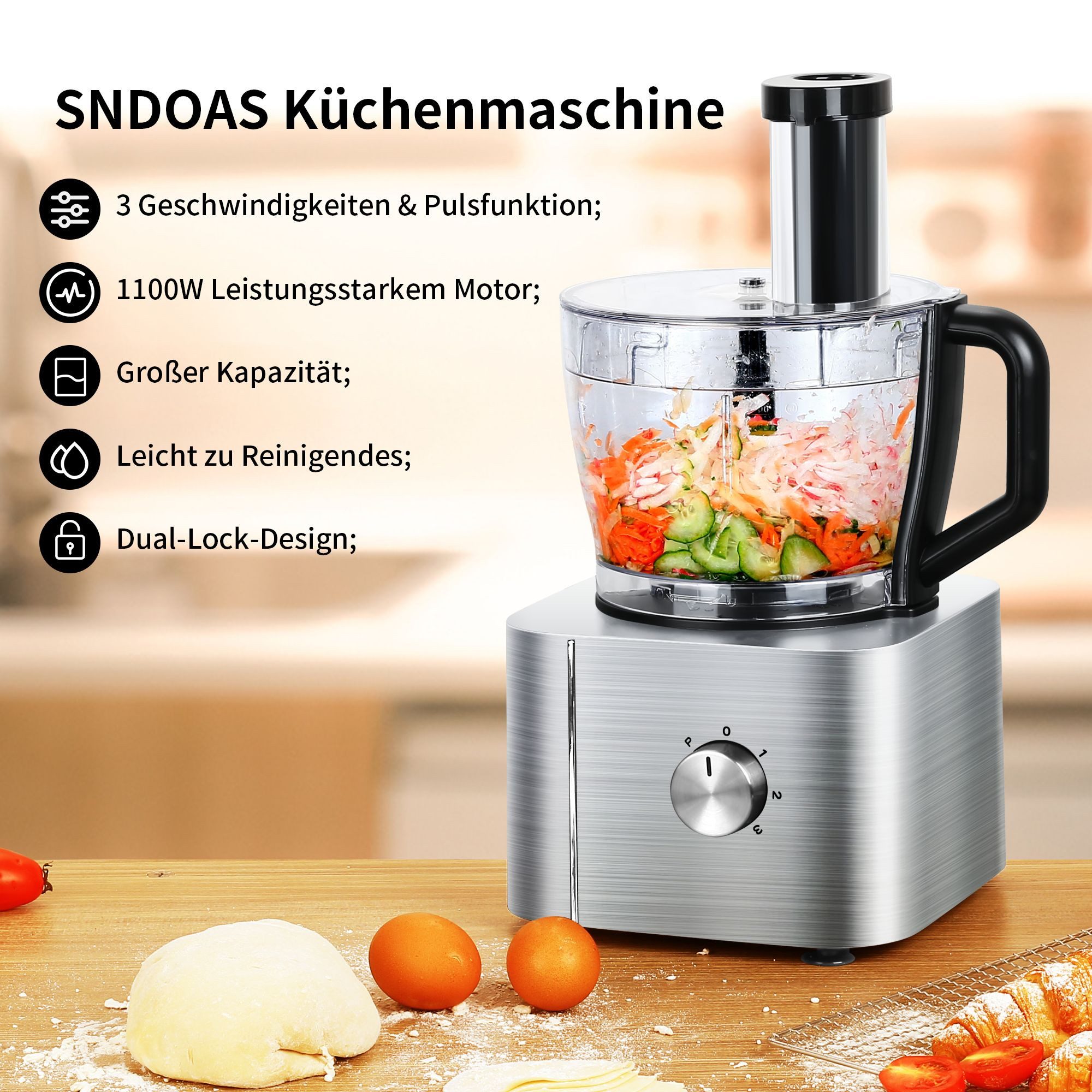 SNDOAS Küchenmaschine, 1100 W, 3,2 l Schüssel, mit Hacken, Schneiden, Kneten, Entsaften, 3 Geschwindigkeiten