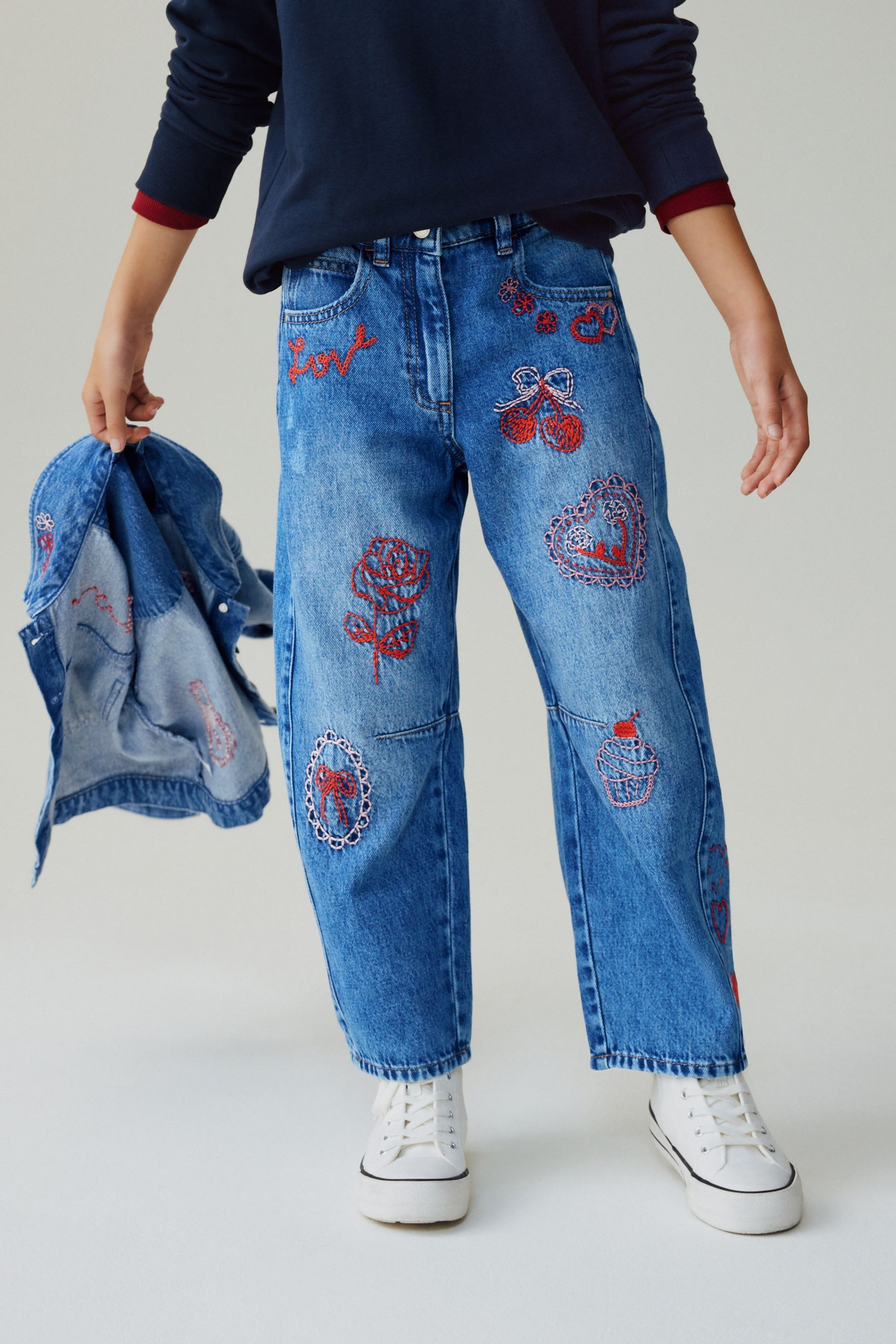 Weite Jeans Jeans mit Barrel-Bein und Stickerei