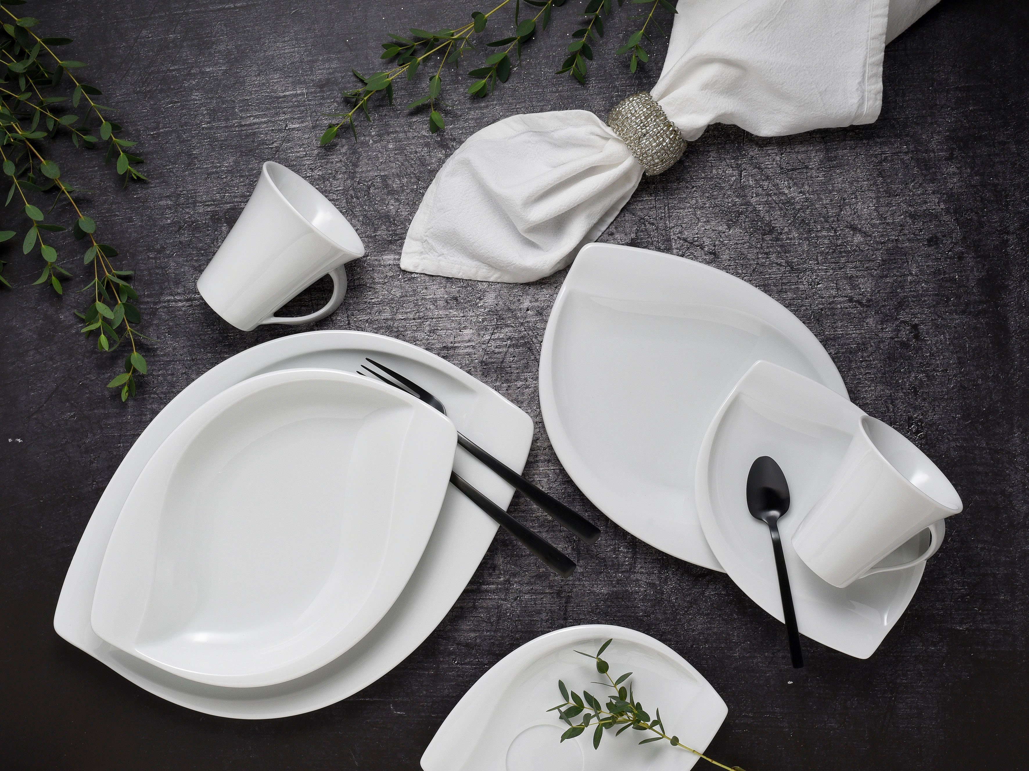 CreaTable Kombiservice Geschirr-Set ACACIA (30-tlg), 6 Personen, Porzellan, Service, weiß, extravagantes Form, 30 Teile, für 6 Personen