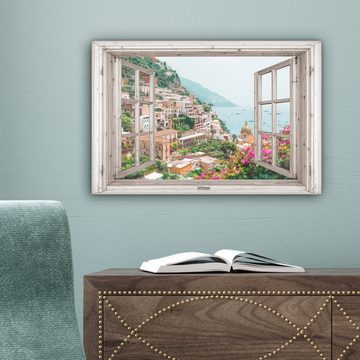 OneMillionCanvasses® Leinwandbild Ausblick - Italien - Blumen - Meer - Küste - Stadt - Berge, (1 St), Wandbild Leinwandbilder, Aufhängefertig, Wanddeko, 30x20 cm
