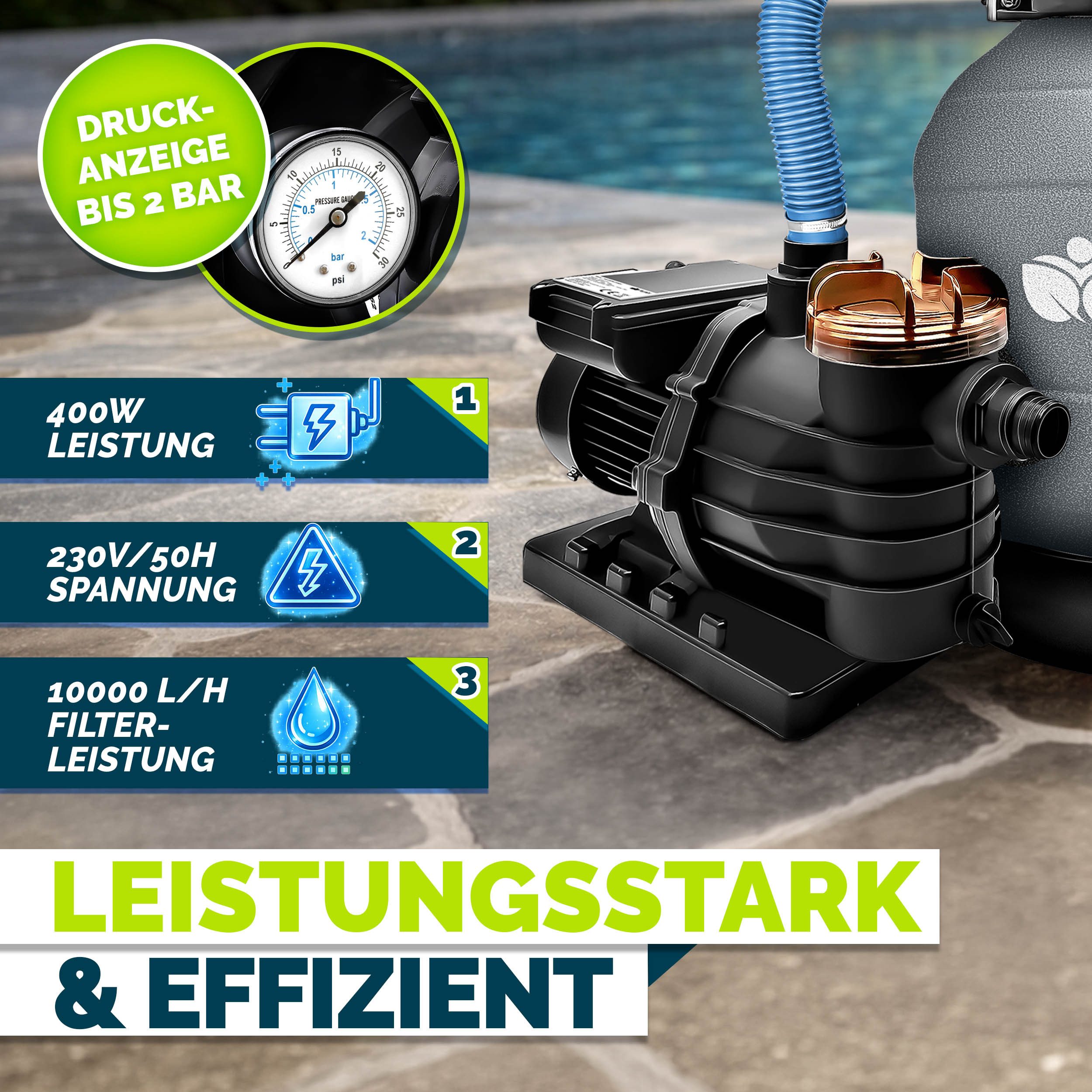 tillvex Sandfilteranlage 10 m³/h Filteranlage + 800g Filterbälle 7-Wege Ventil Poolfilter, Filterkessel mit Druckanzeige Sandfilter für Pool und Schwimmbecken – Bild 4 von 5