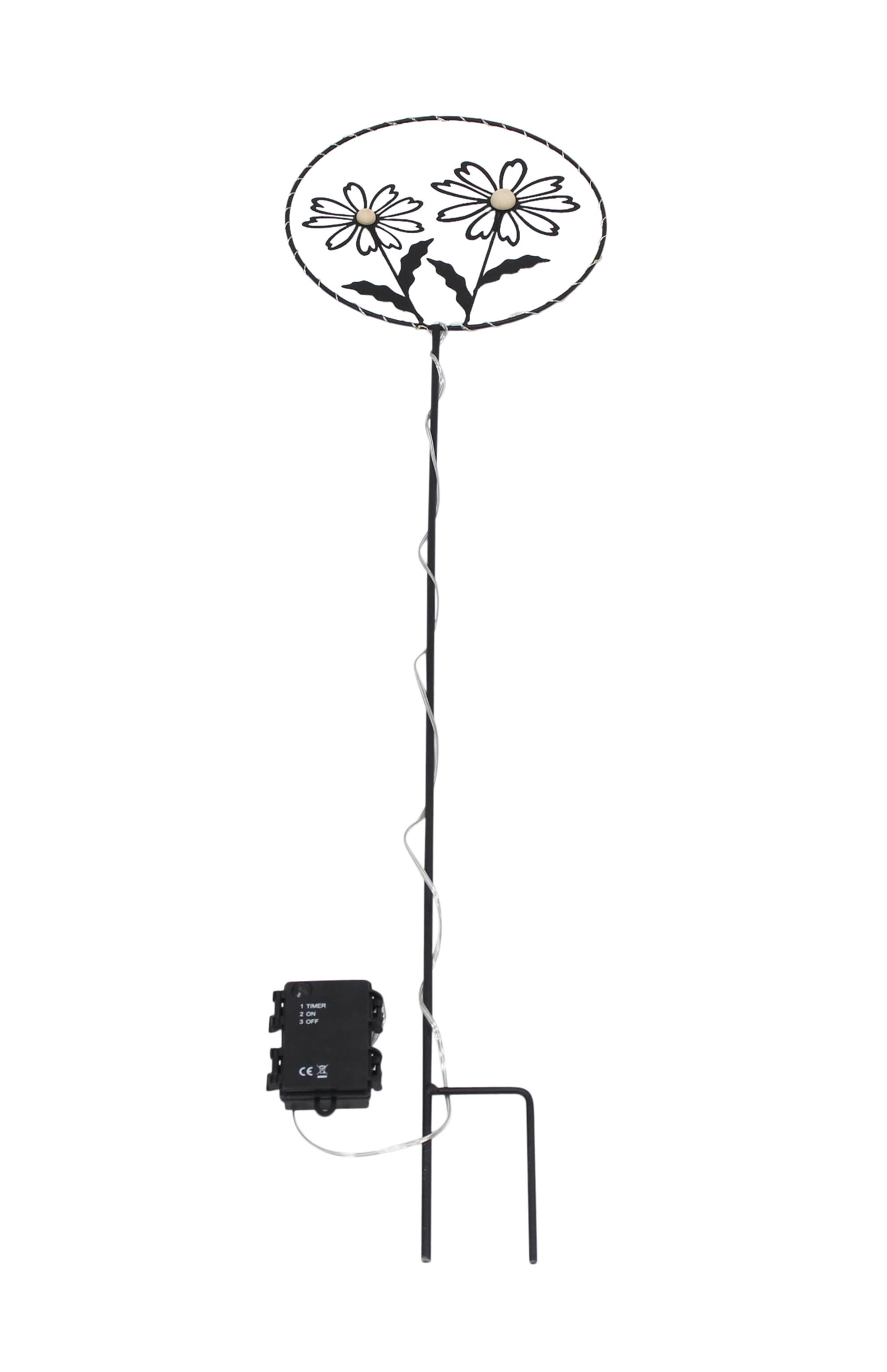 Frank Flechtwaren Gartenstecker "Blumen" Metall schwarz, Blumenstecker mit LED Beleuchtung, Gartendeko für Draußen, wetterfest, 100 cm hoch