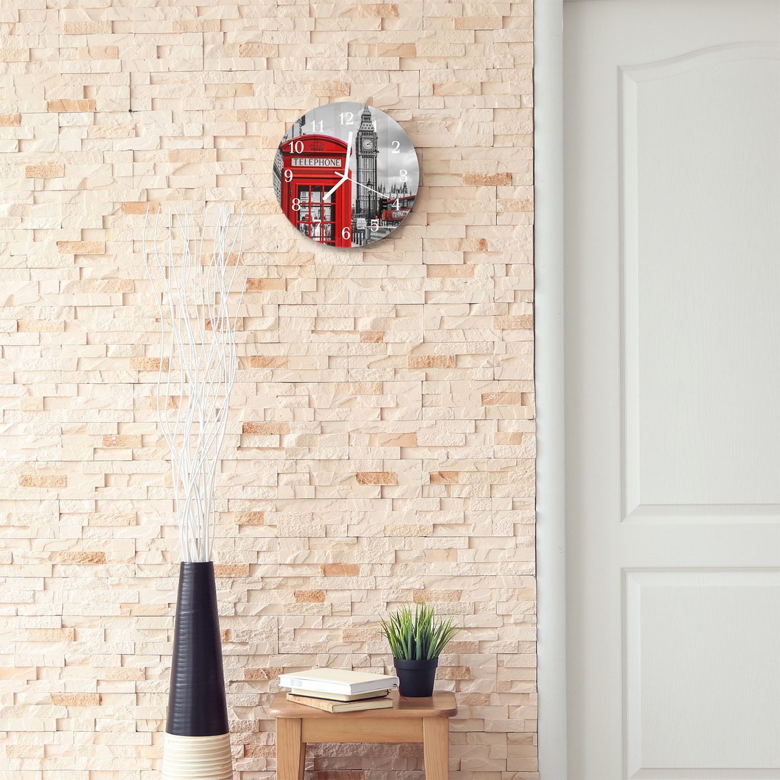Glas Primedeco - Wanduhr Wanduhr mit Rote 30 und mit Quarzuhrwerk Motiv Rund Durchmesser aus Telefonkabine cm