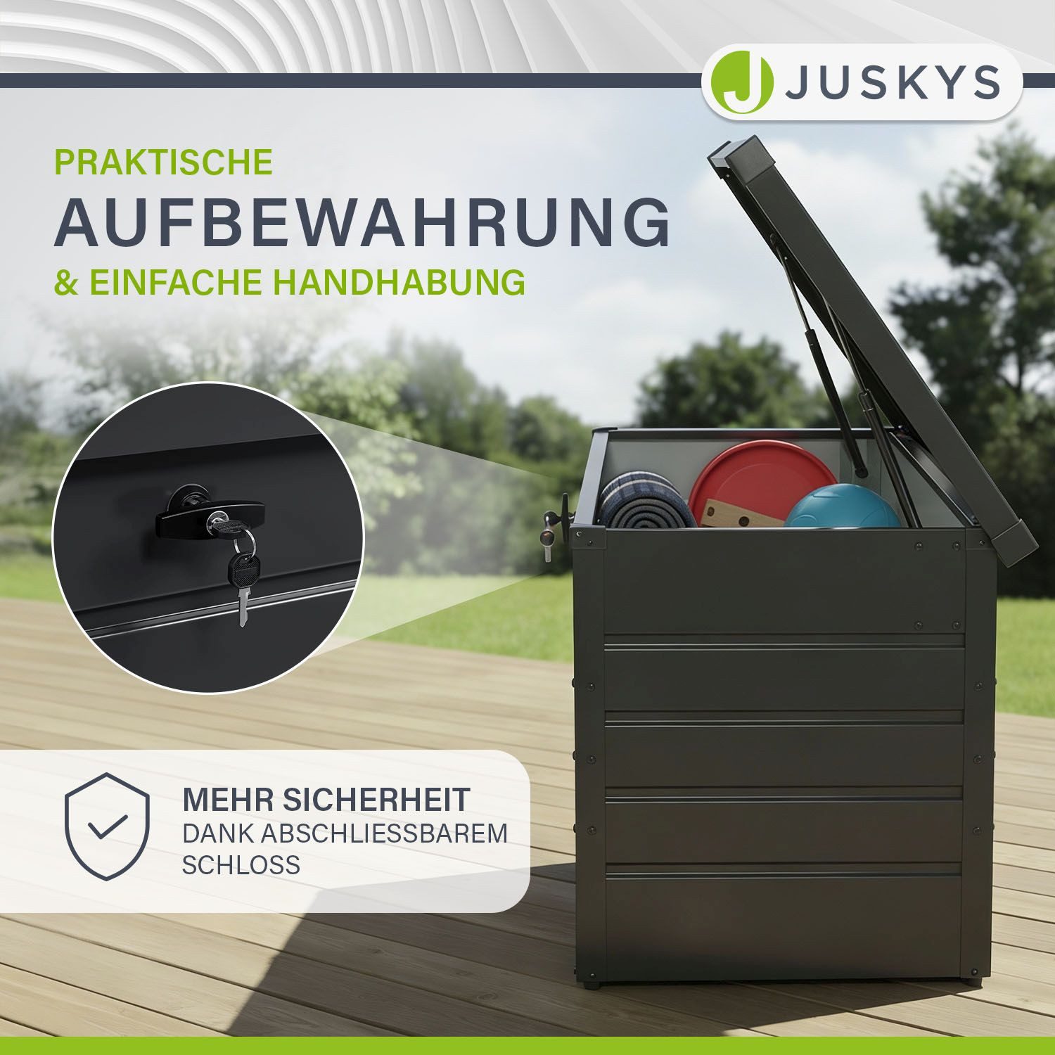 Juskys Gartenbox Limani, einfacher Aufbau, zeitlose Optik, Hubautomatik-Deckel