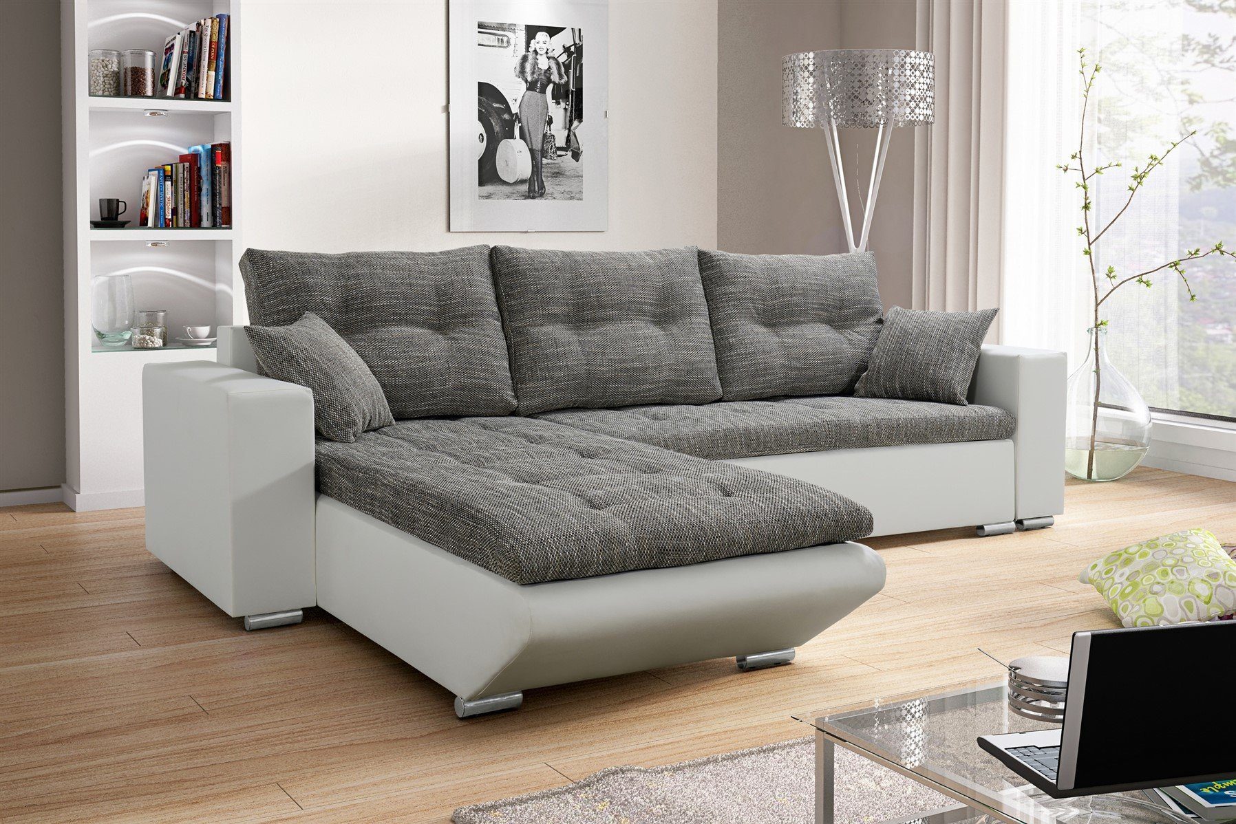 Sofa mit Schlaffunktion, Ecksofa Ecksofa Möbel Fun Zierkissen Inkl. Rückenkissen und Weiß-Grau NINO