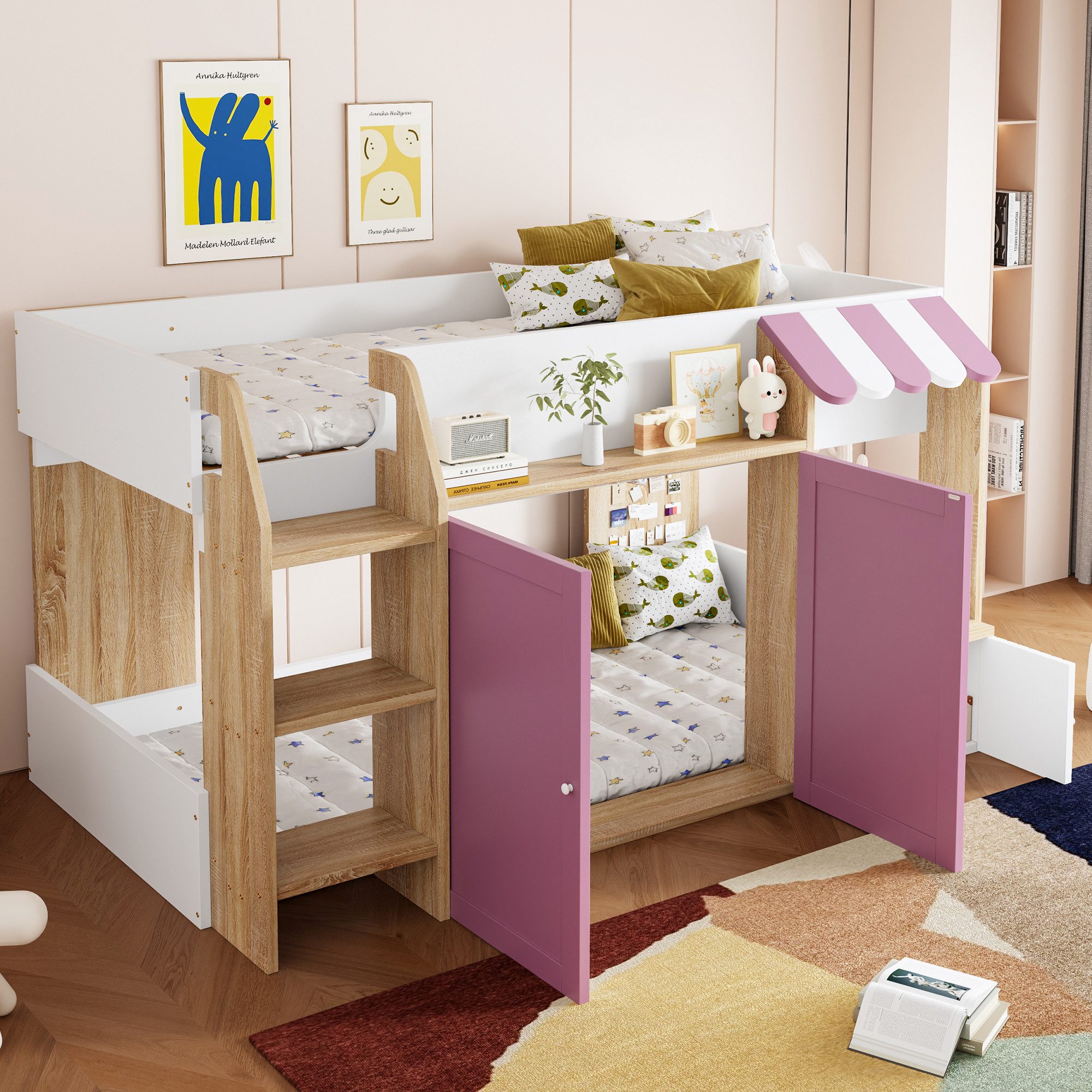 REDOM Etagenbett mit Kletterleiter und offenen Aufbewahrungsfächern (Kinderbett Funktionsbett, 90x200 cm), ohne Matratze