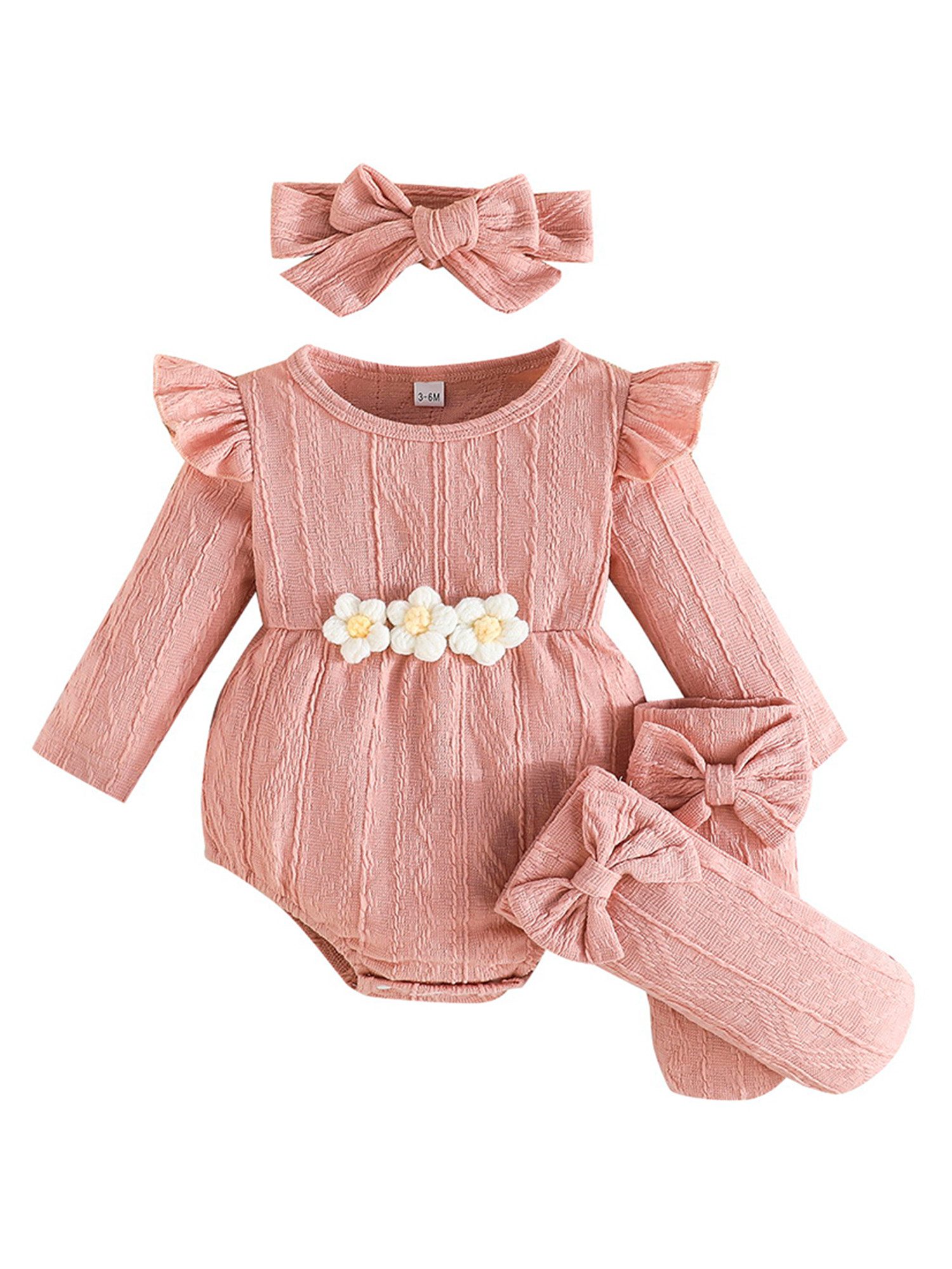 Lapastyle Strampler Baby Mädchen Einfarbig Jacquard Bodysuit Babykleidung mit Blumen (Strampler + Stirnband + Socken), 3-tlg) Baby Mädchen Einfarbig Jacquard Bodysuit Babykleidung mit Blumen