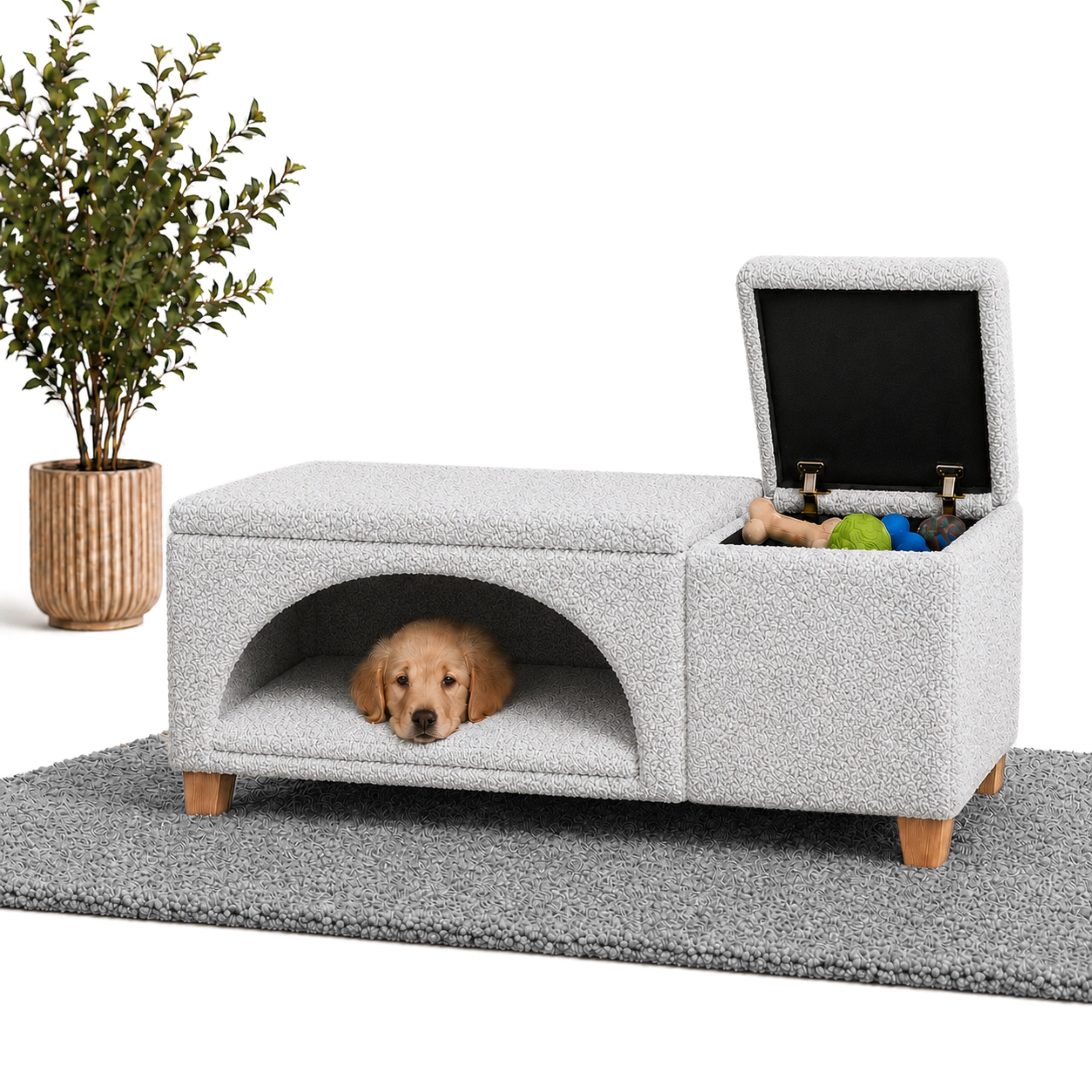 Outentin Hundebett 3 in 1 Für Kleine Hunde und Katzen, Materialvarianten, Hundehöhle Indoor Mit Sitzbank und Stauraum, Katzenhöhle Mit Kissen, Stilvolles Höhlenbett Für Zuhause