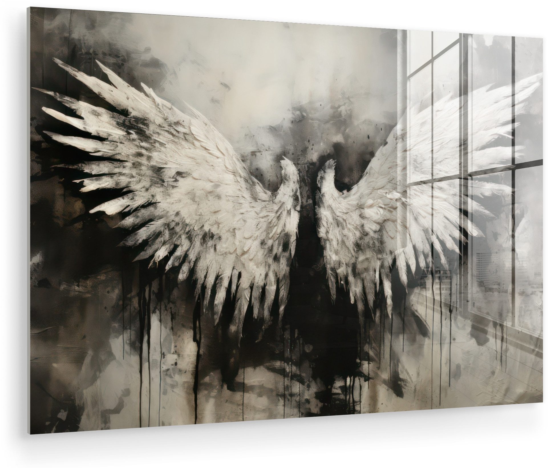 MuchoWow Acrylglasbild Flügel - Engel - Schwarz - Weiß - Abstrakt, Inkl. Aufhängung, Glasbilder Wohnzimmer, Schlafzimmer, Flur & Esszimmer, 30x20 cm