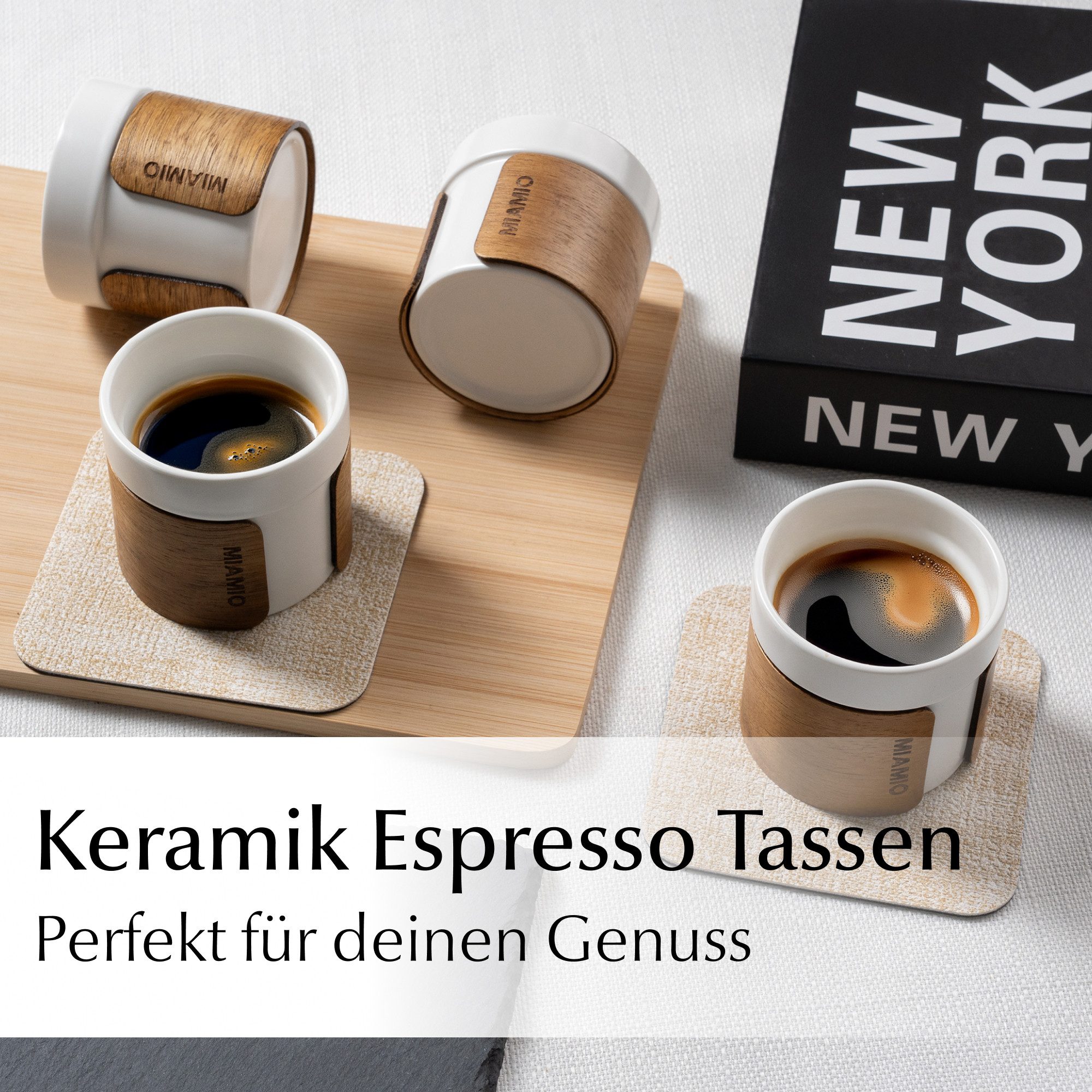 MiaMio Espressotasse ohne Henkel mit Holzmanschette, 100 ml, Weiß, 4-tlg., Keramik